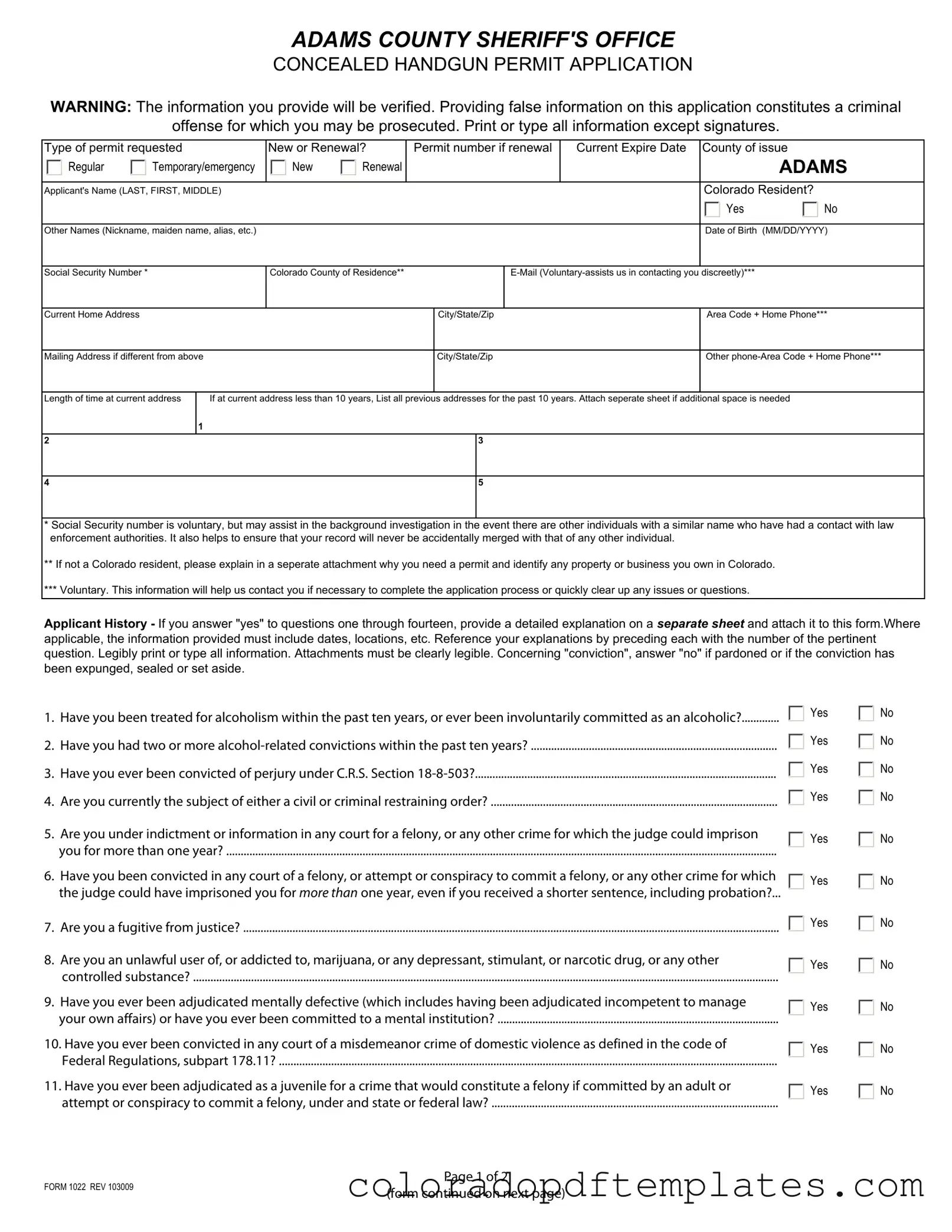Download Adams County Colorado Concealed Permit Form in PDF