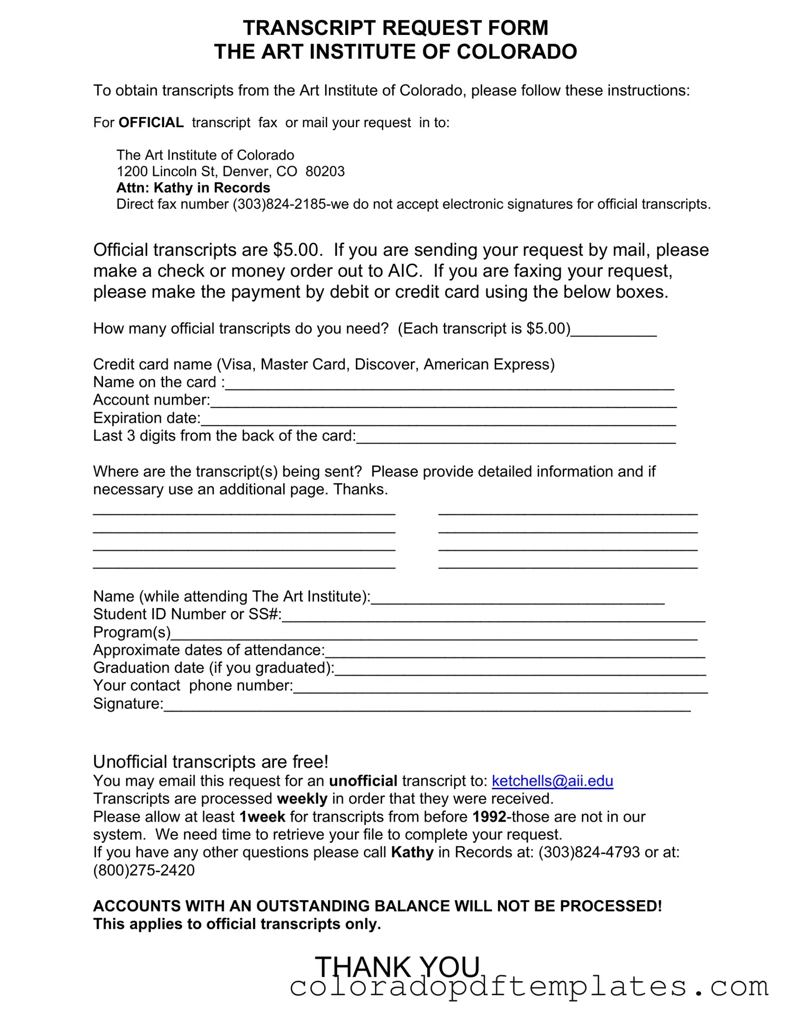 Download Art Institute Colorado Transcript Request Form in PDF