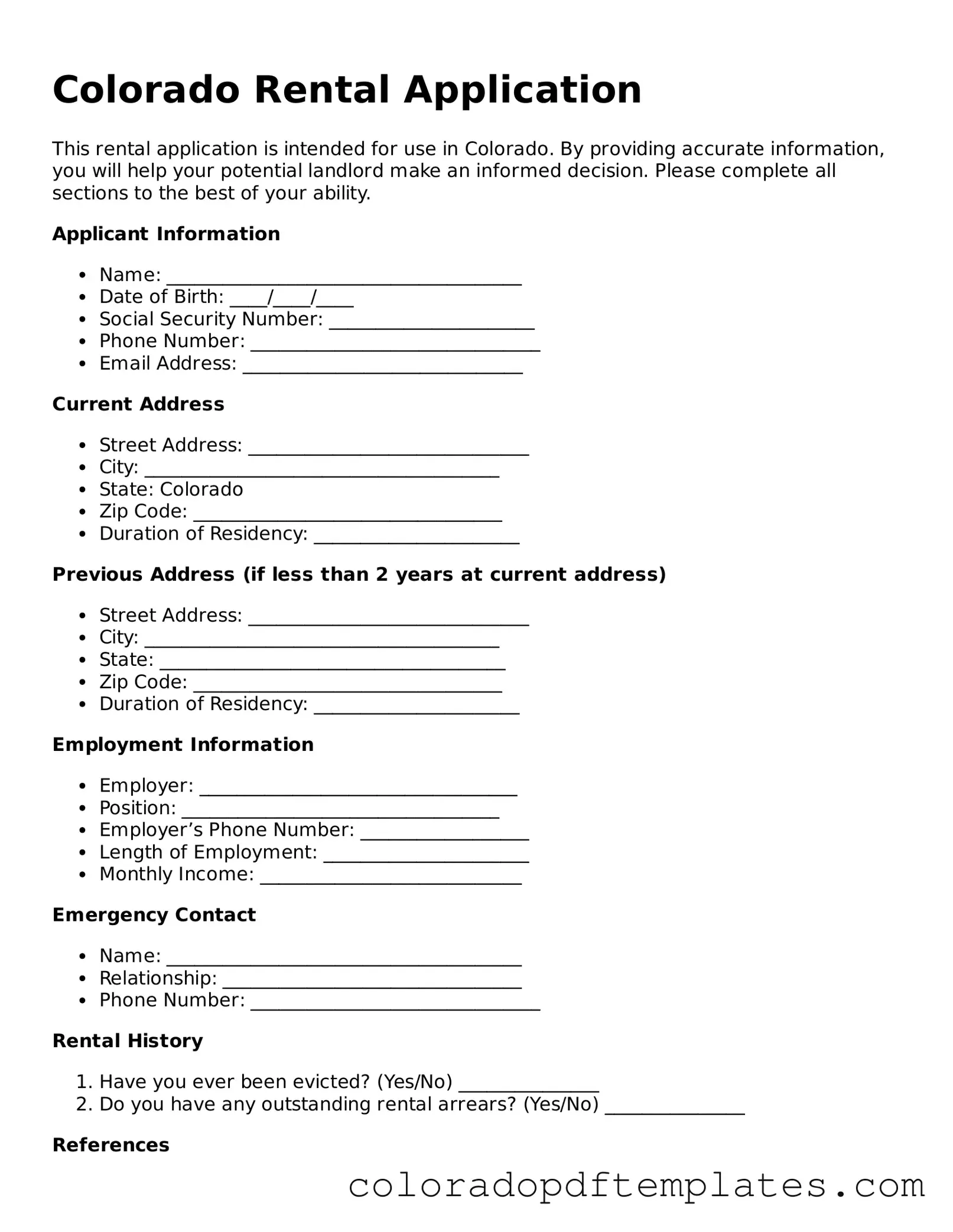 Blank Rental Application Template for Colorado State