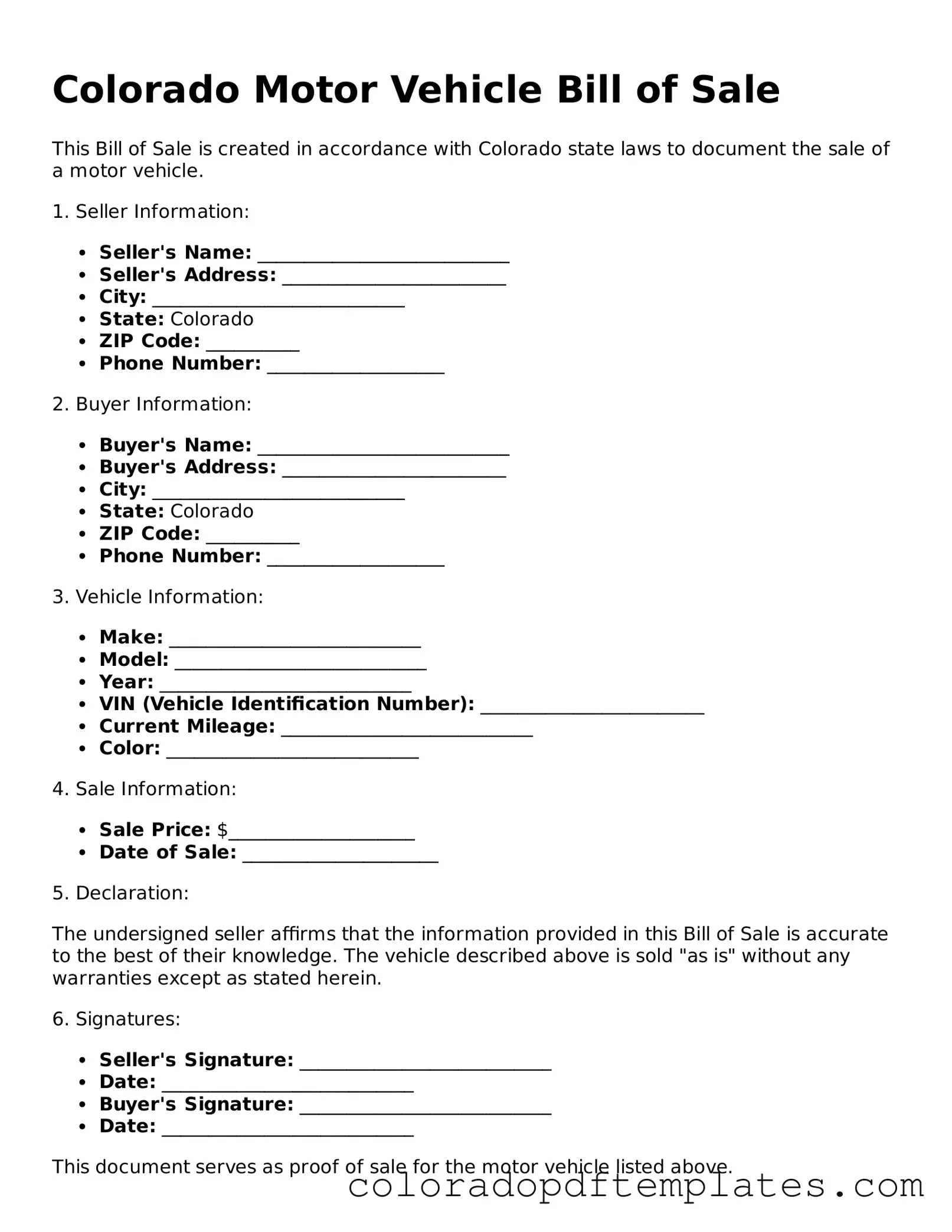 Blank Motor Vehicle Bill of Sale Template for Colorado State