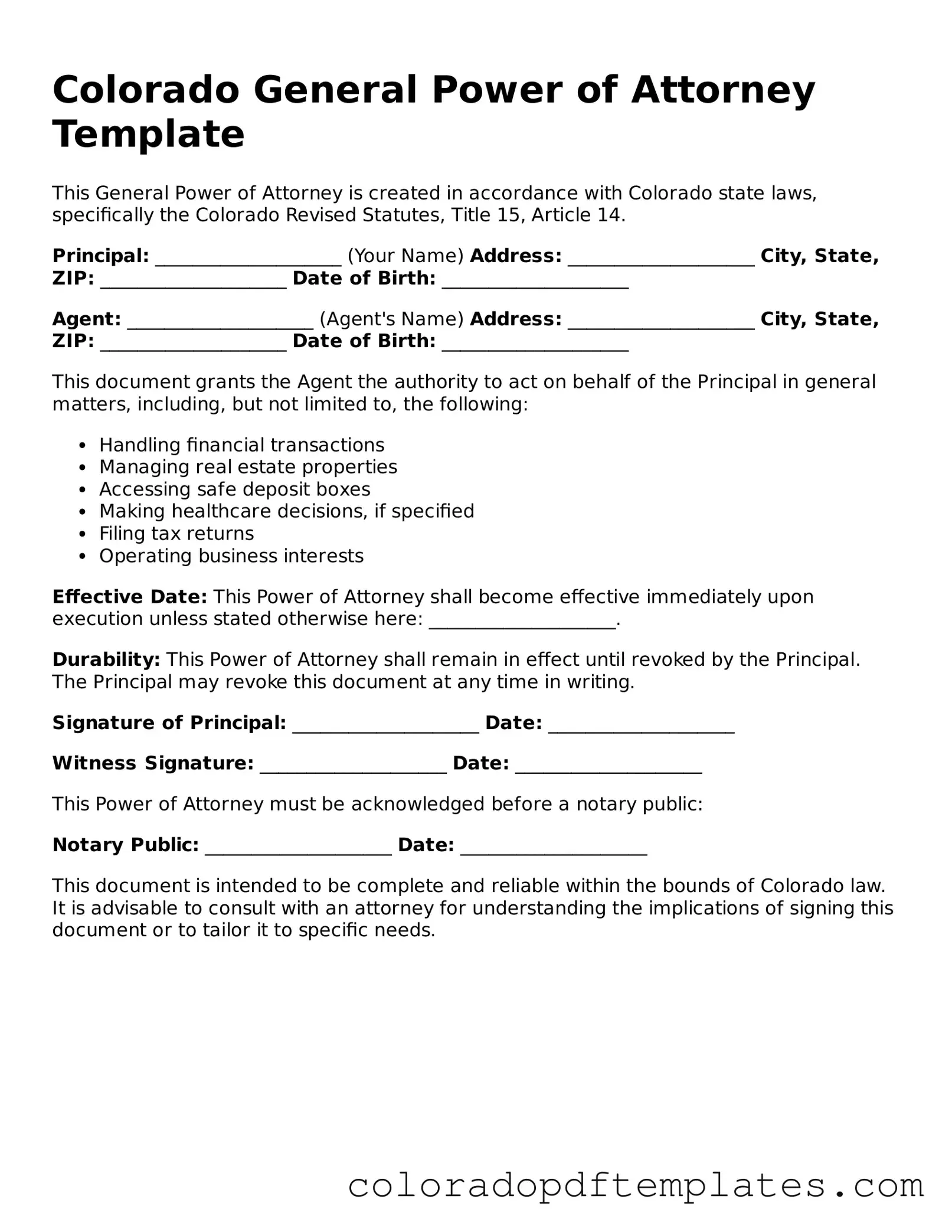 Blank General Power of Attorney Template for Colorado State