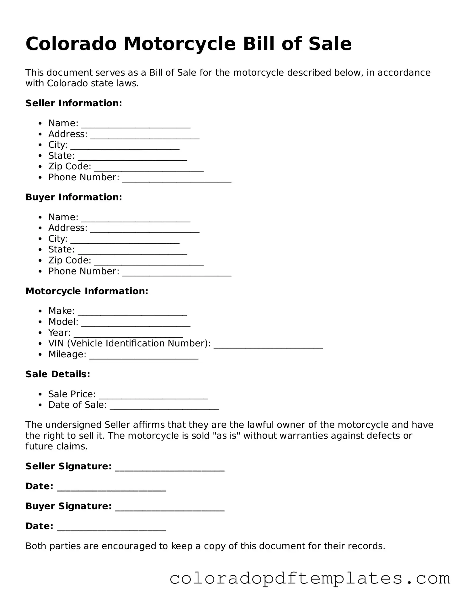 Blank Motorcycle Bill of Sale Template for Colorado State