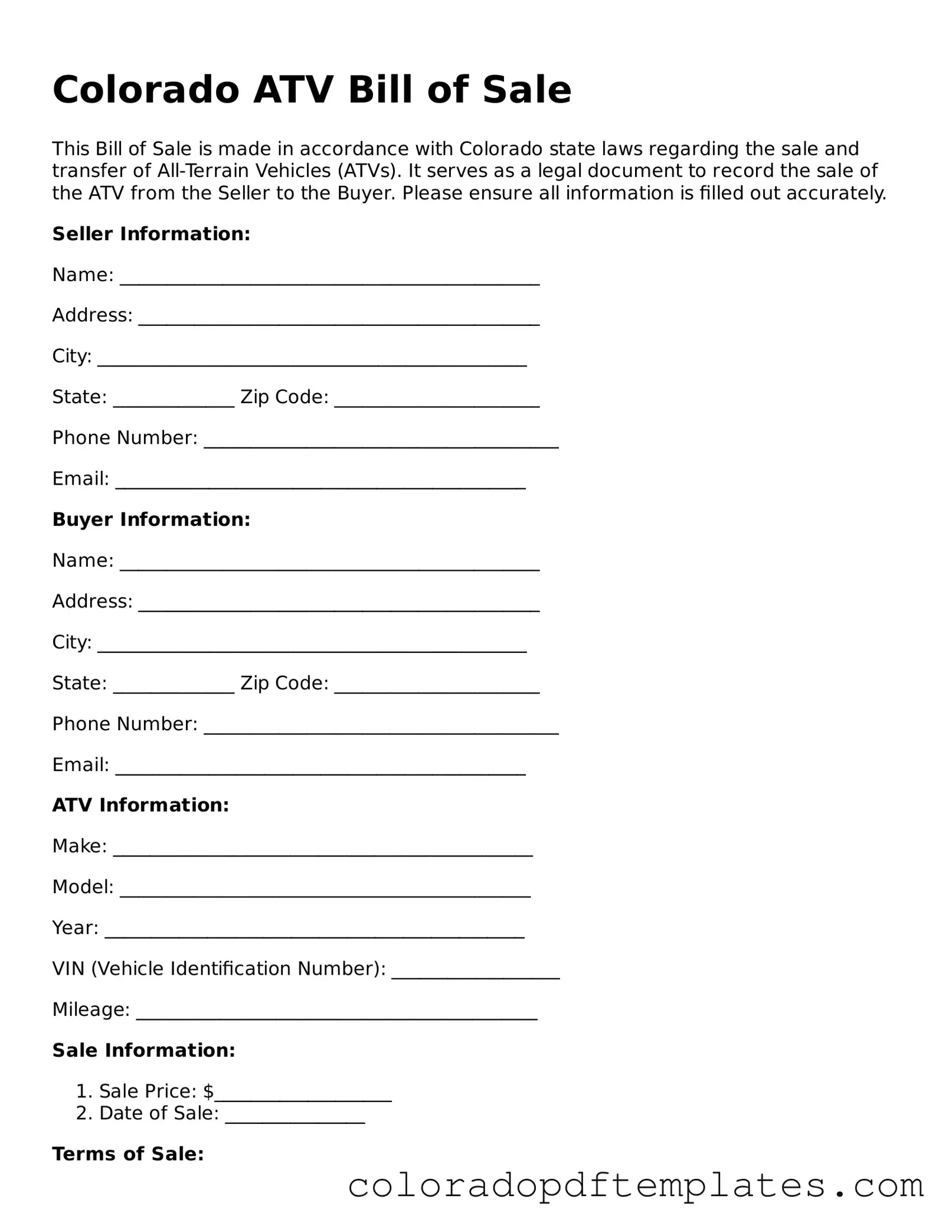 Blank ATV Bill of Sale Template for Colorado State