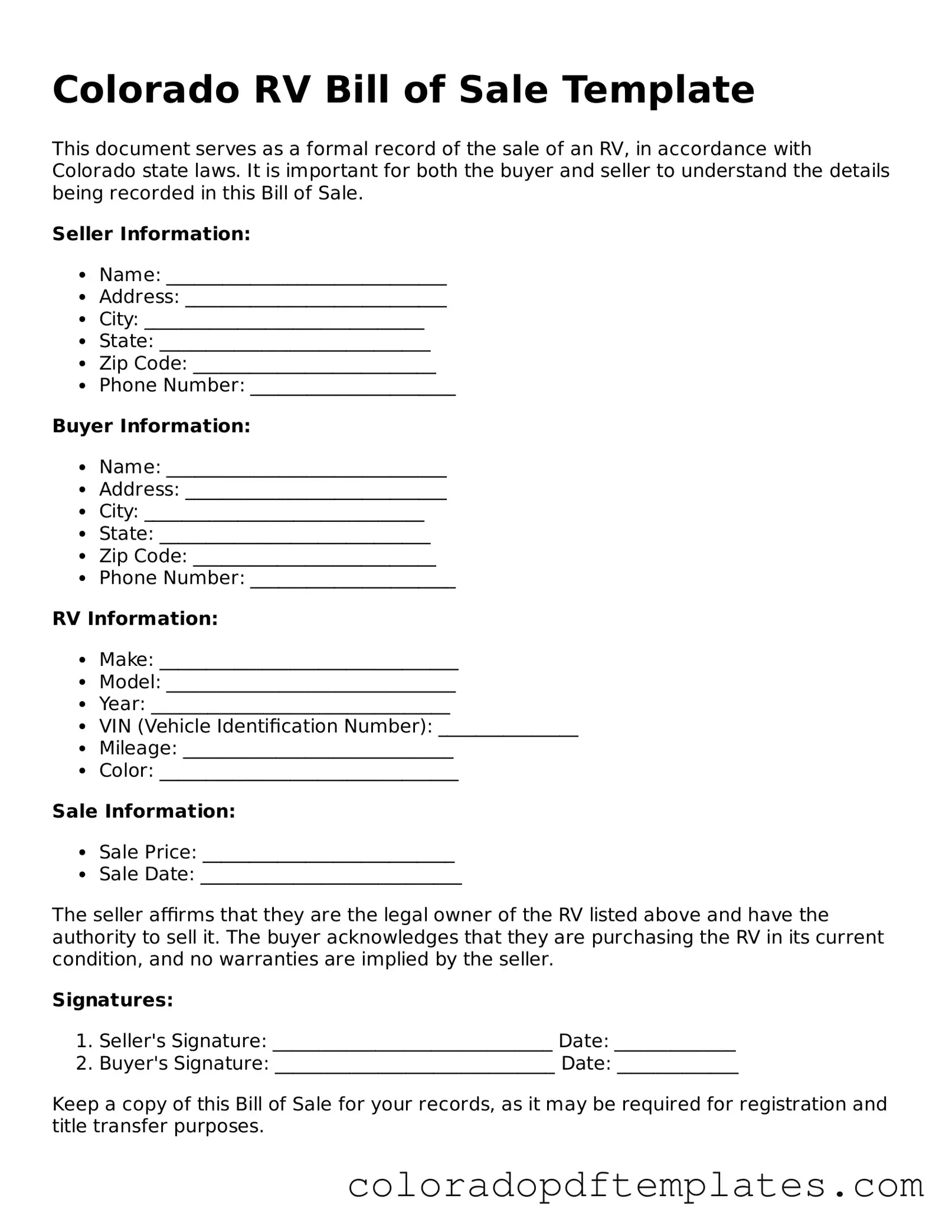 Blank RV Bill of Sale Template for Colorado State