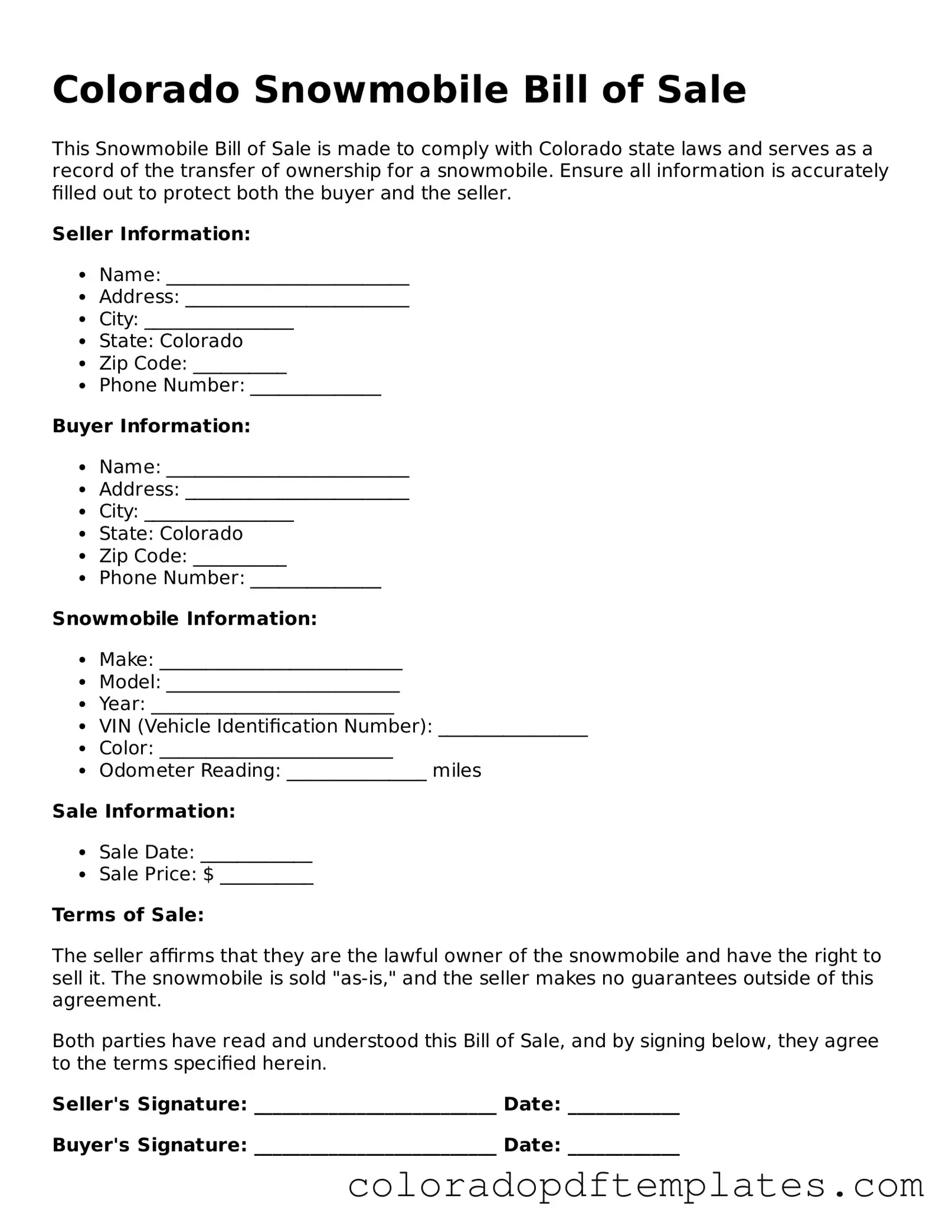 Blank Snowmobile Bill of Sale Template for Colorado State