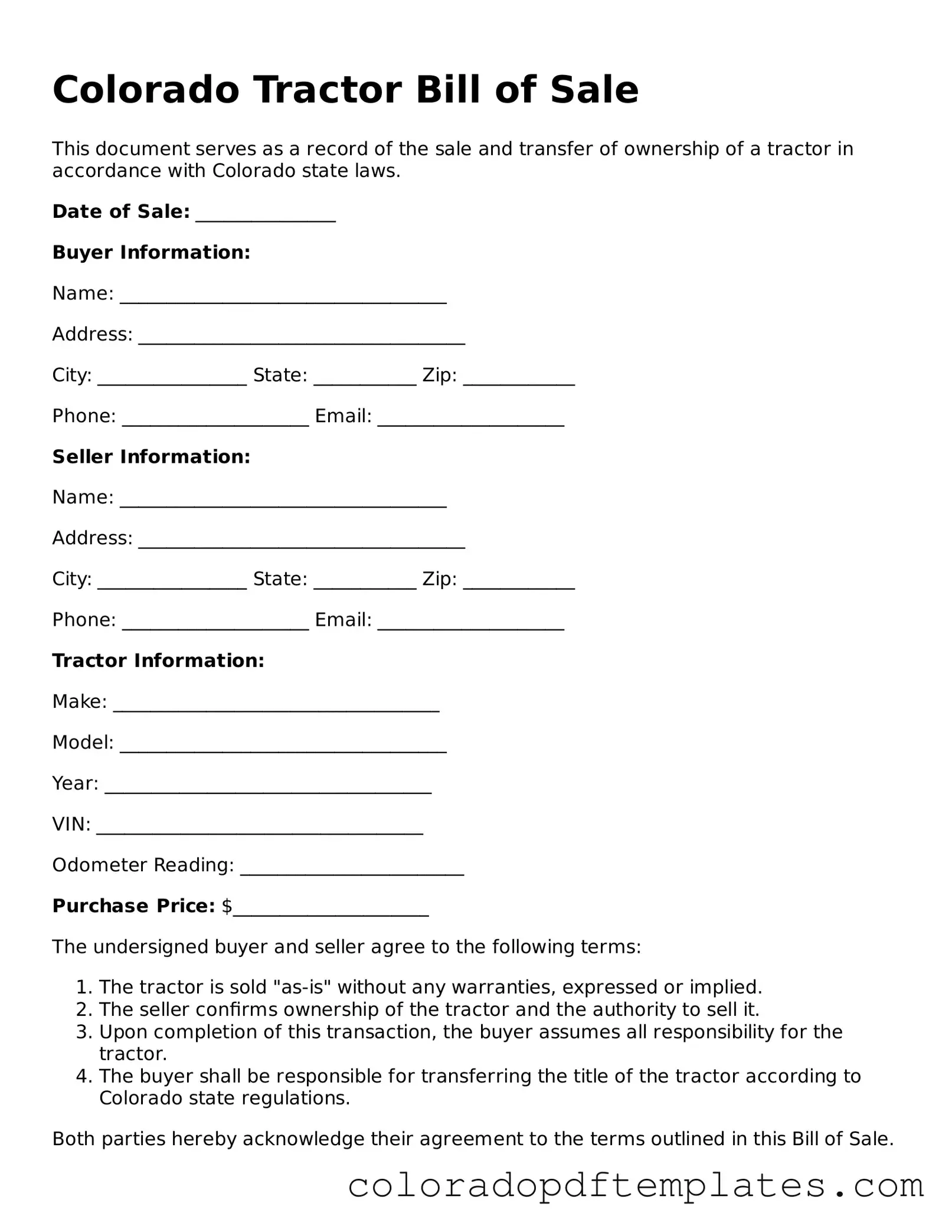 Blank Tractor Bill of Sale Template for Colorado State
