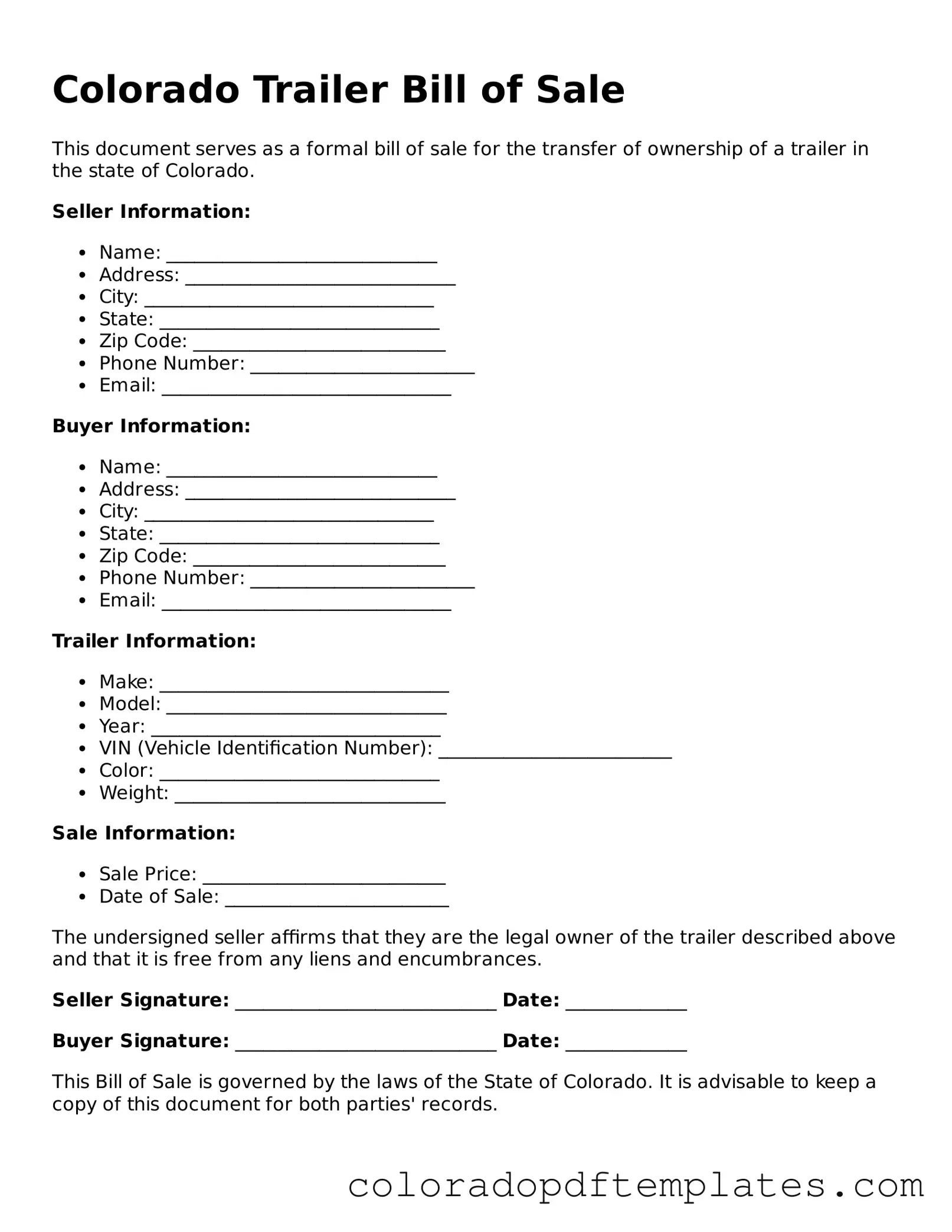 Blank Trailer Bill of Sale Template for Colorado State