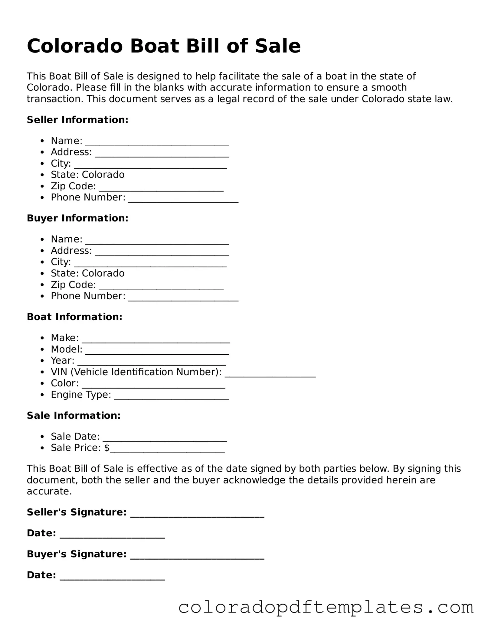 Blank Boat Bill of Sale Template for Colorado State