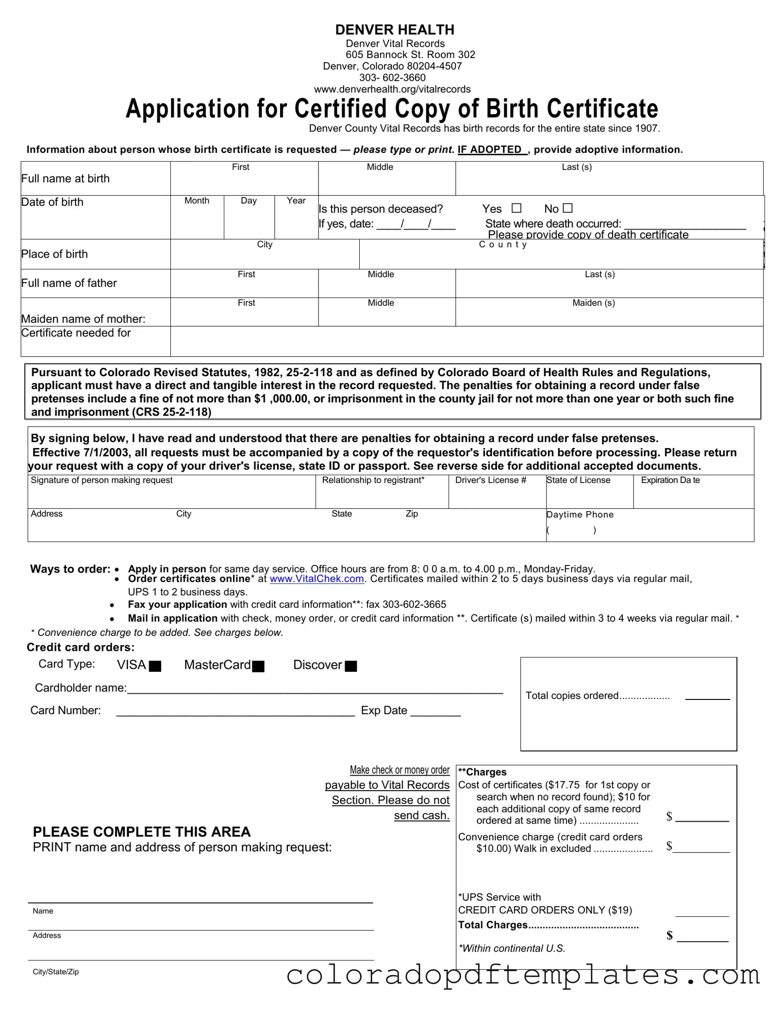 Download Colorado Denver Application Birth Certificate Form in PDF
