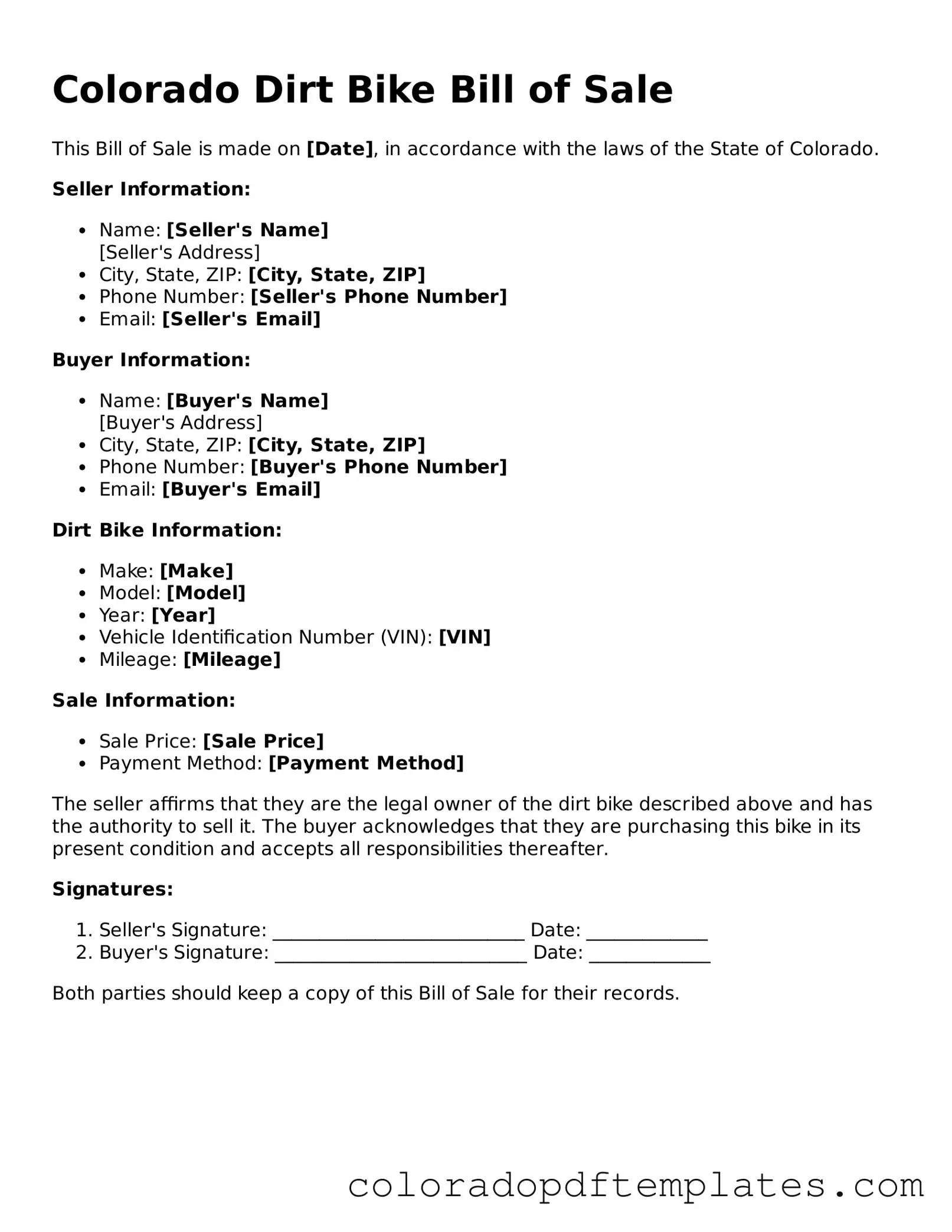 Blank Dirt Bike Bill of Sale Template for Colorado State