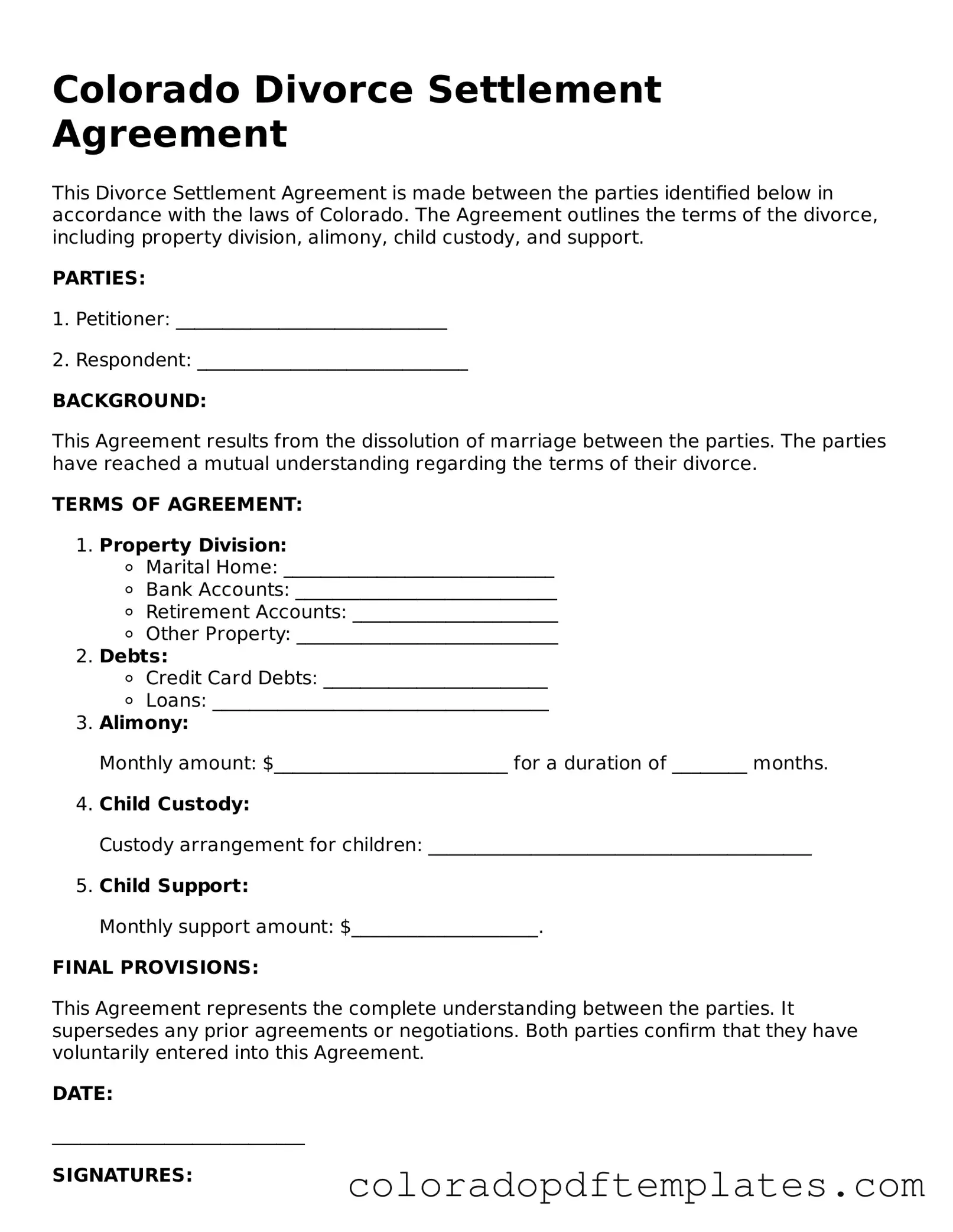 Blank Divorce Settlement Agreement Template for Colorado State