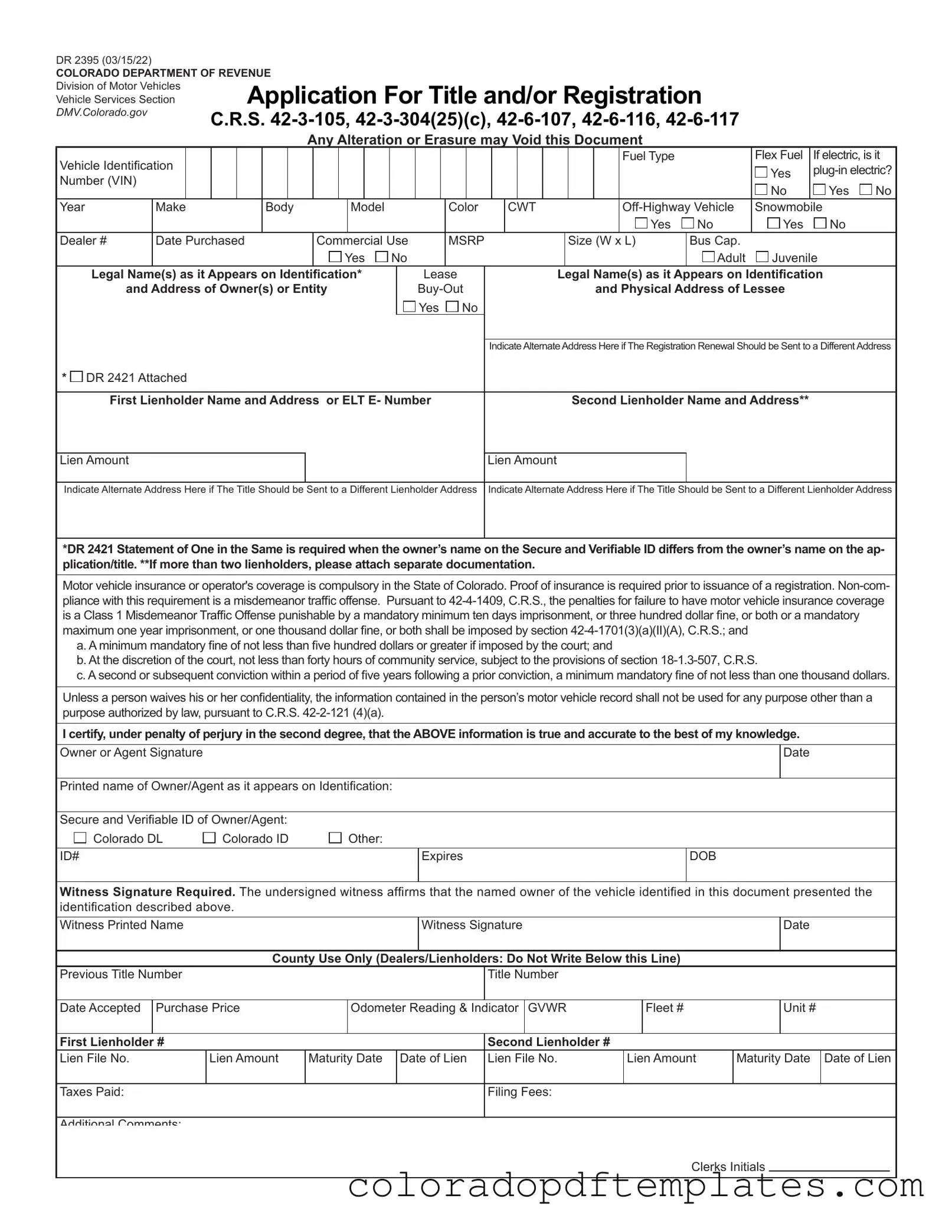 Download Colorado Dr 2395 Form in PDF