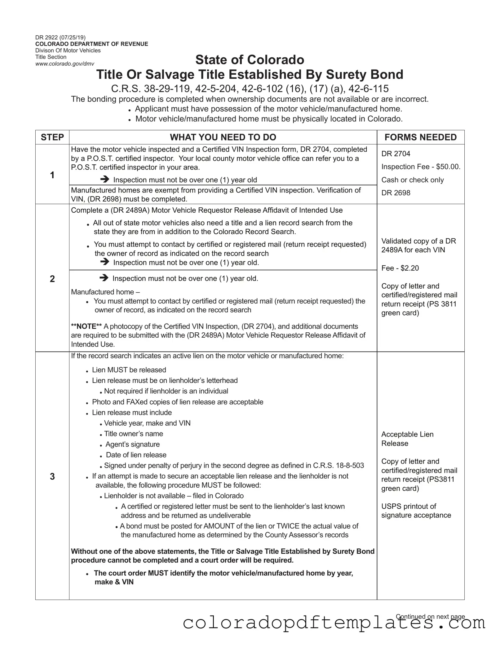 Download Colorado Dr 2922 Form in PDF