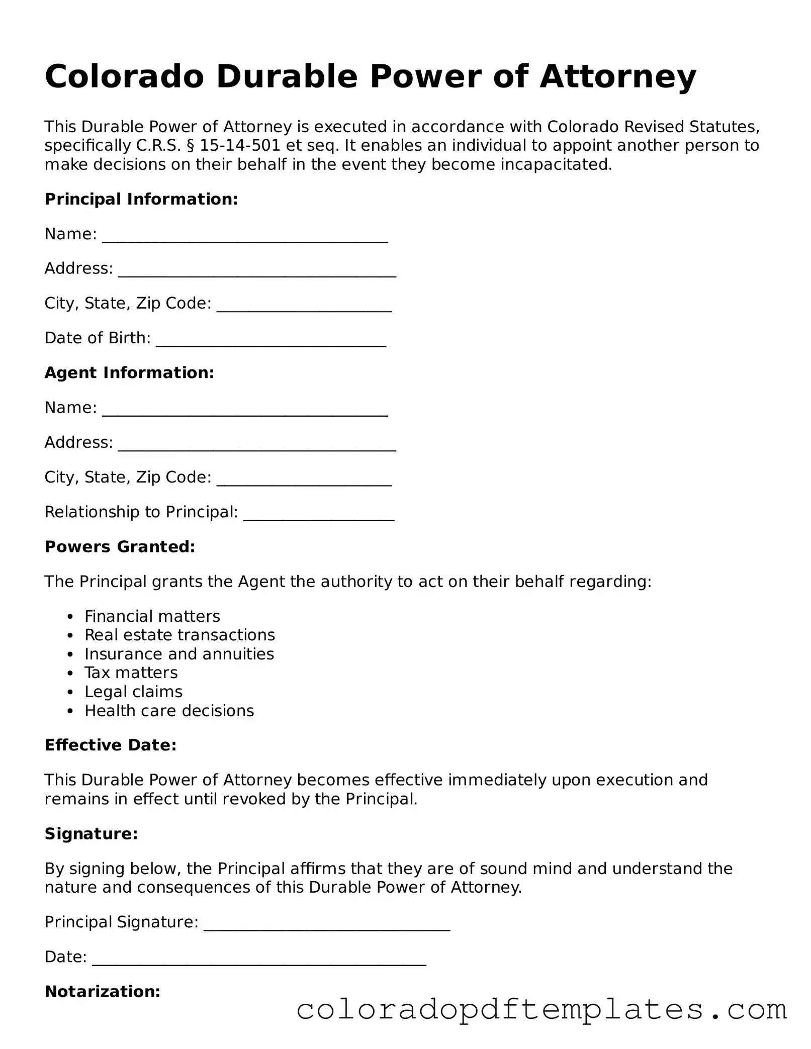 Blank Durable Power of Attorney Template for Colorado State