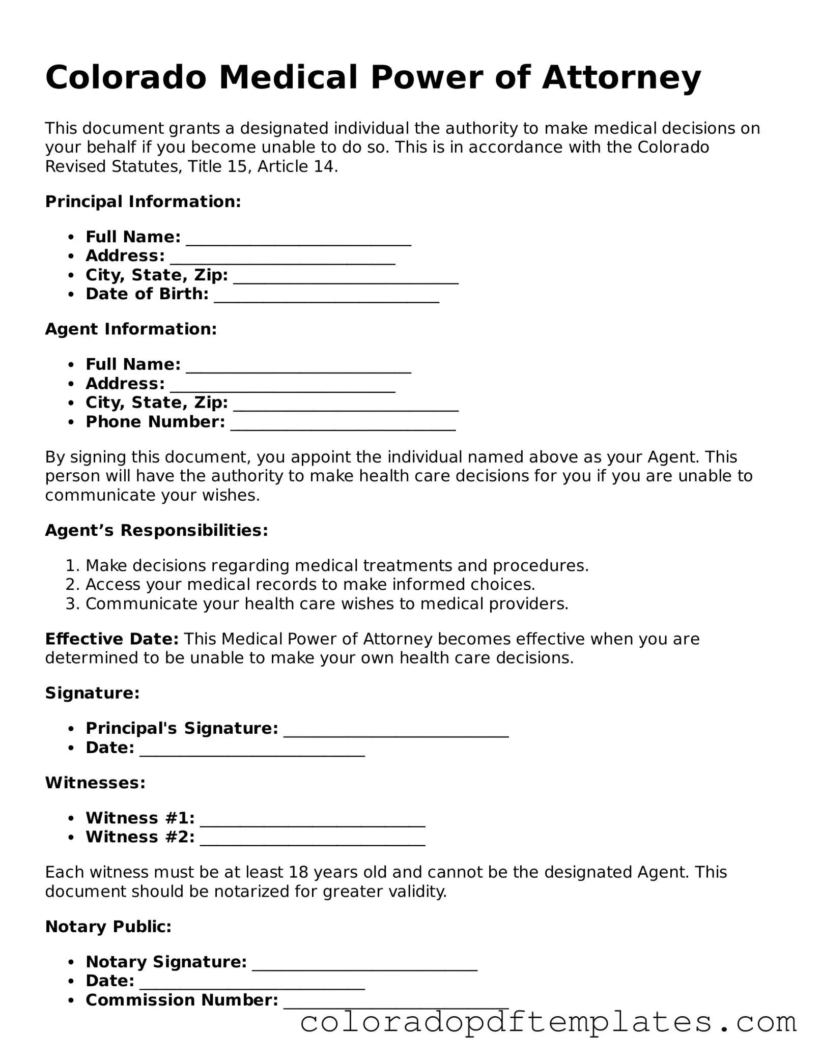 Blank Medical Power of Attorney Template for Colorado State