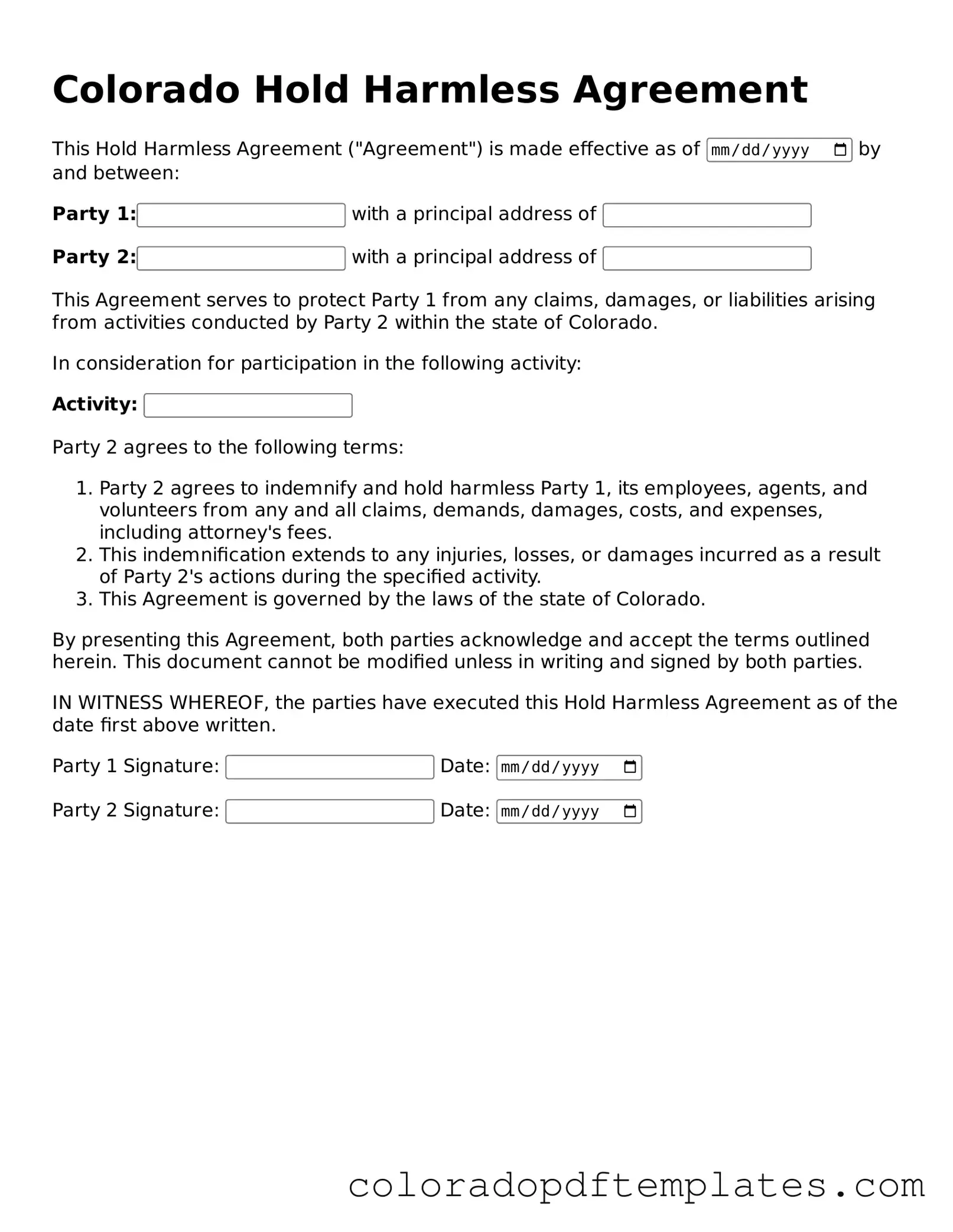 Blank Hold Harmless Agreement Template for Colorado State