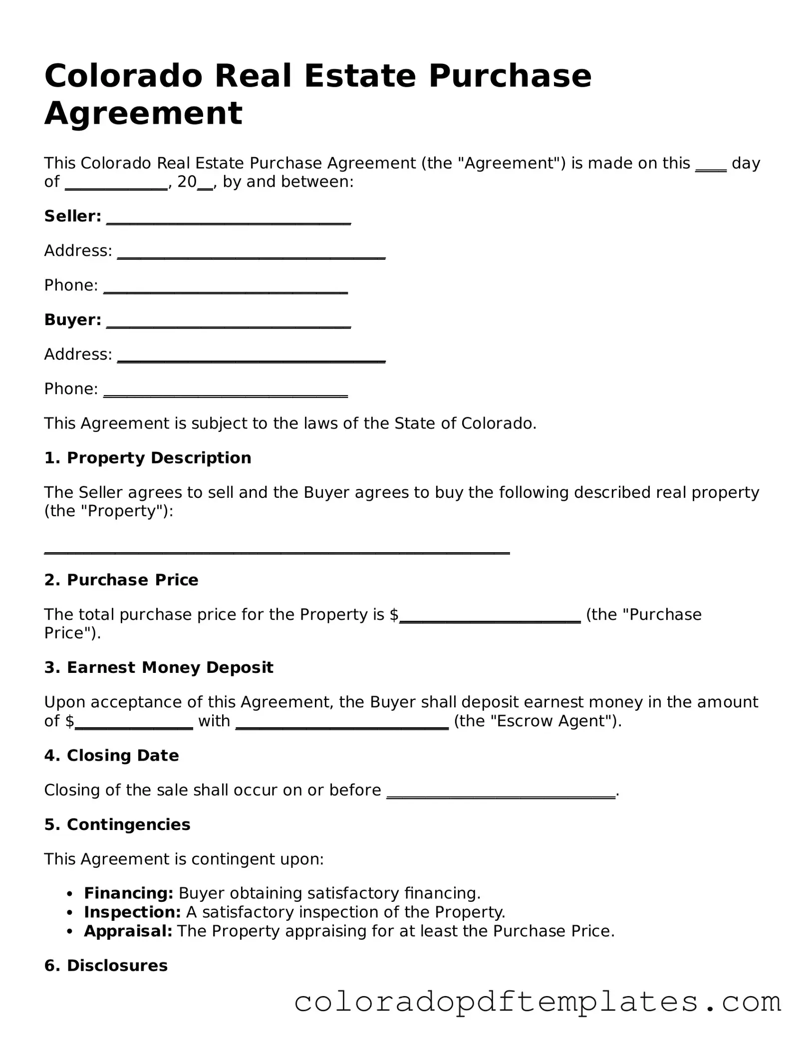 Blank Real Estate Purchase Agreement Template for Colorado State
