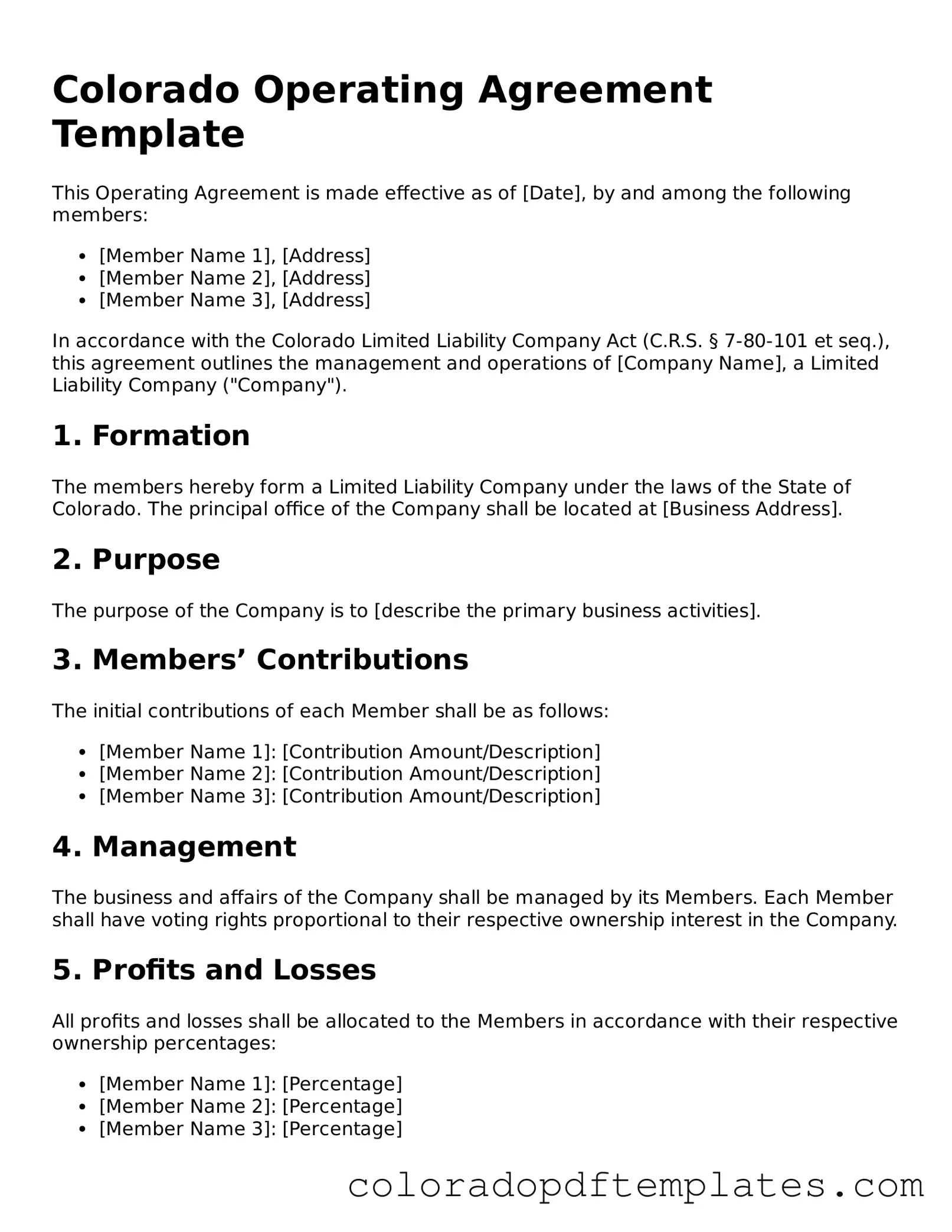 Blank Operating Agreement Template for Colorado State