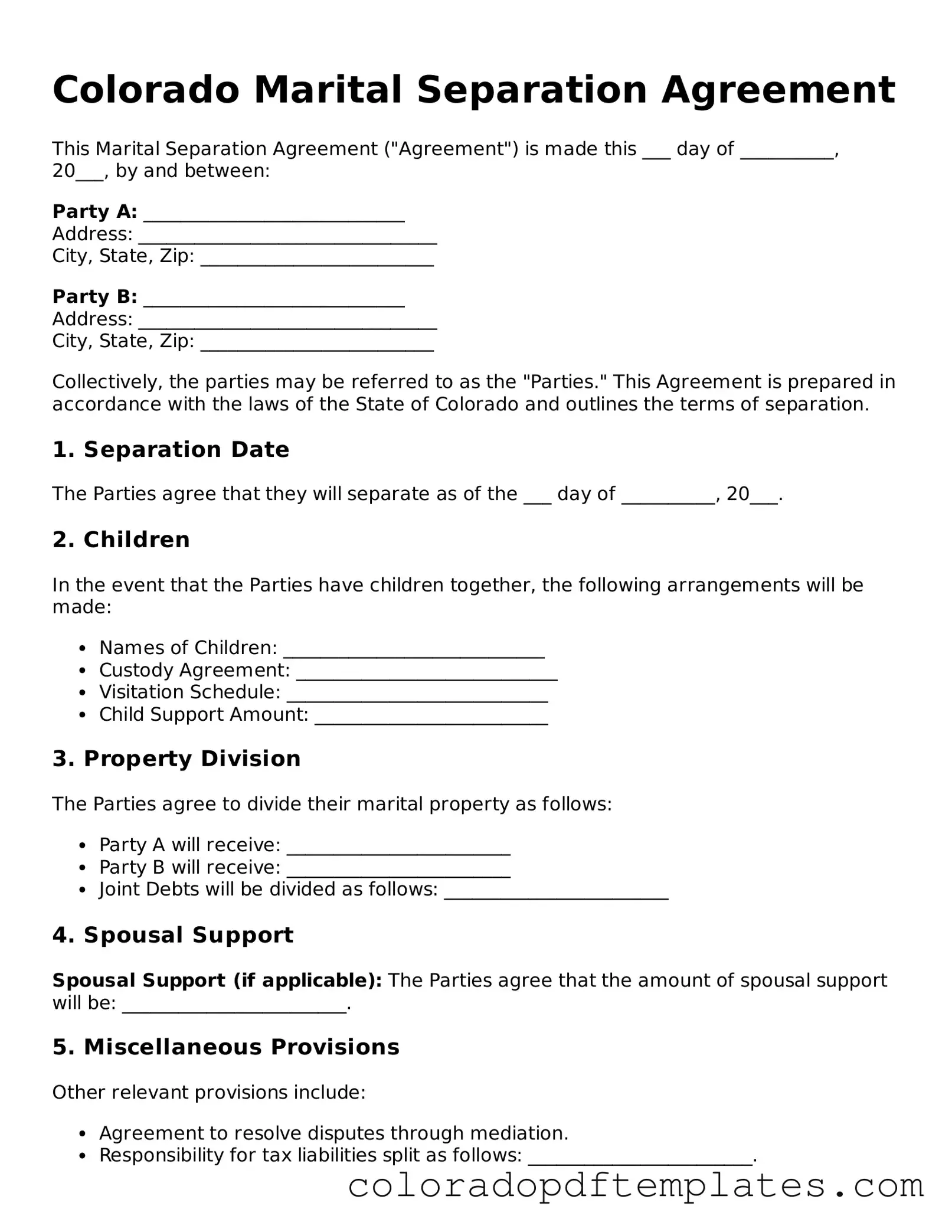 Blank Marital Separation Agreement Template for Colorado State