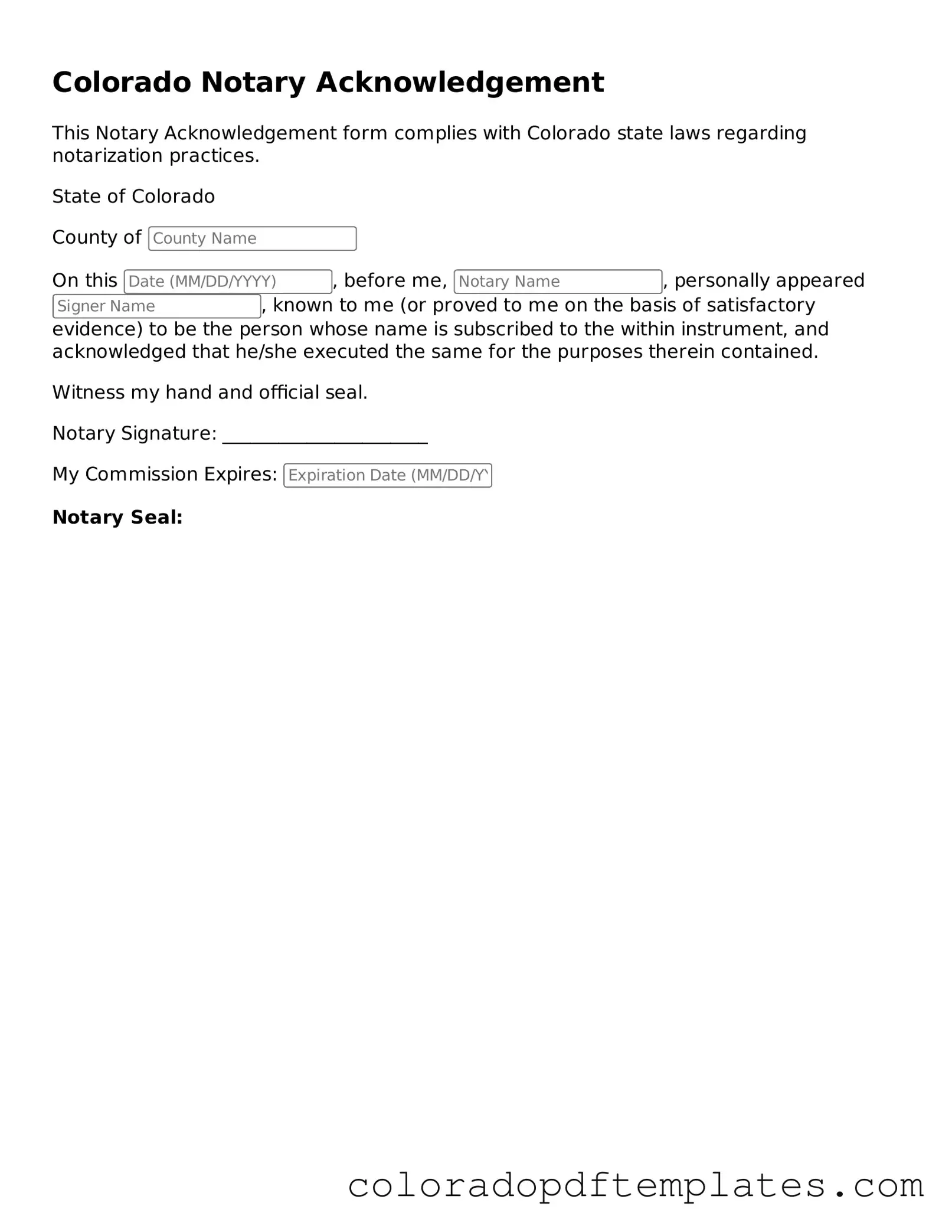 Blank Notary Acknowledgement Template for Colorado State
