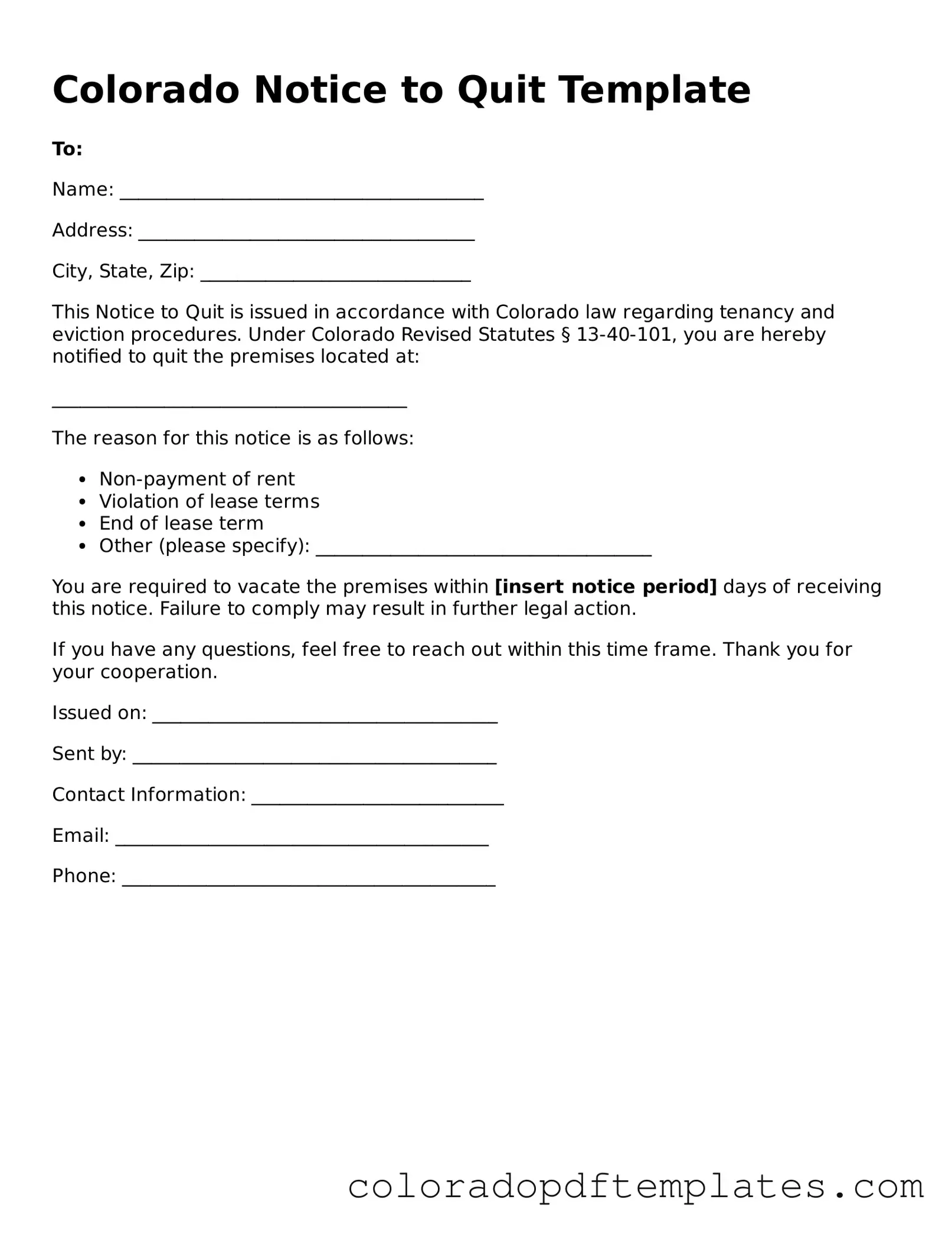 Blank Notice to Quit Template for Colorado State