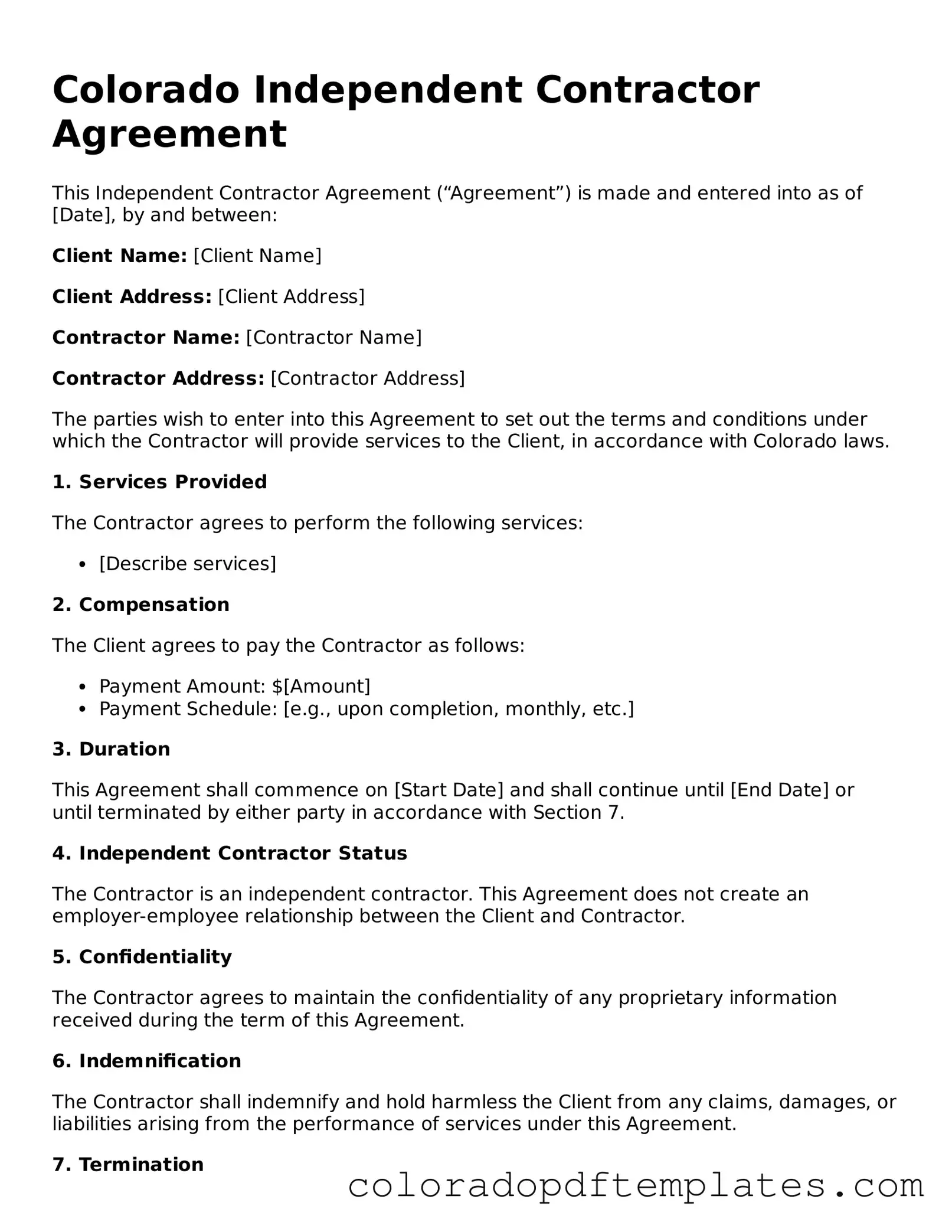 Blank Independent Contractor Agreement Template for Colorado State