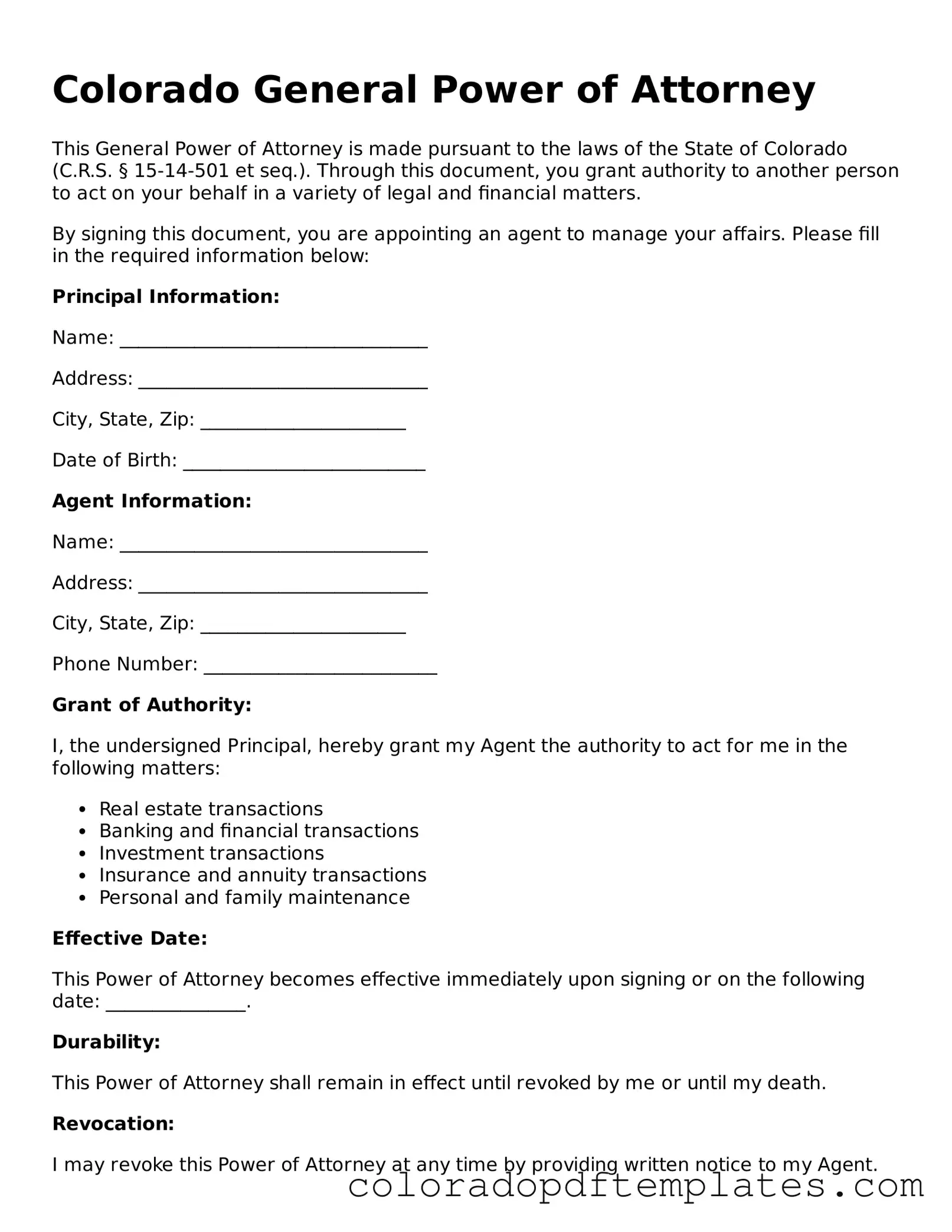 Blank Power of Attorney Template for Colorado State