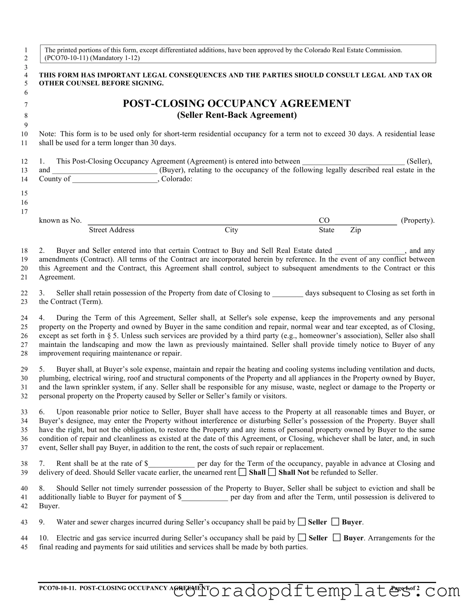 Download Colorado Post Closing Occupancy Agreement Form in PDF