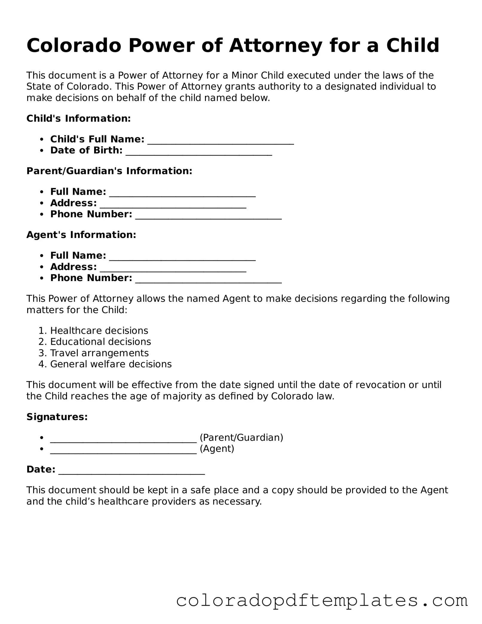 Blank Power of Attorney for a Child Template for Colorado State