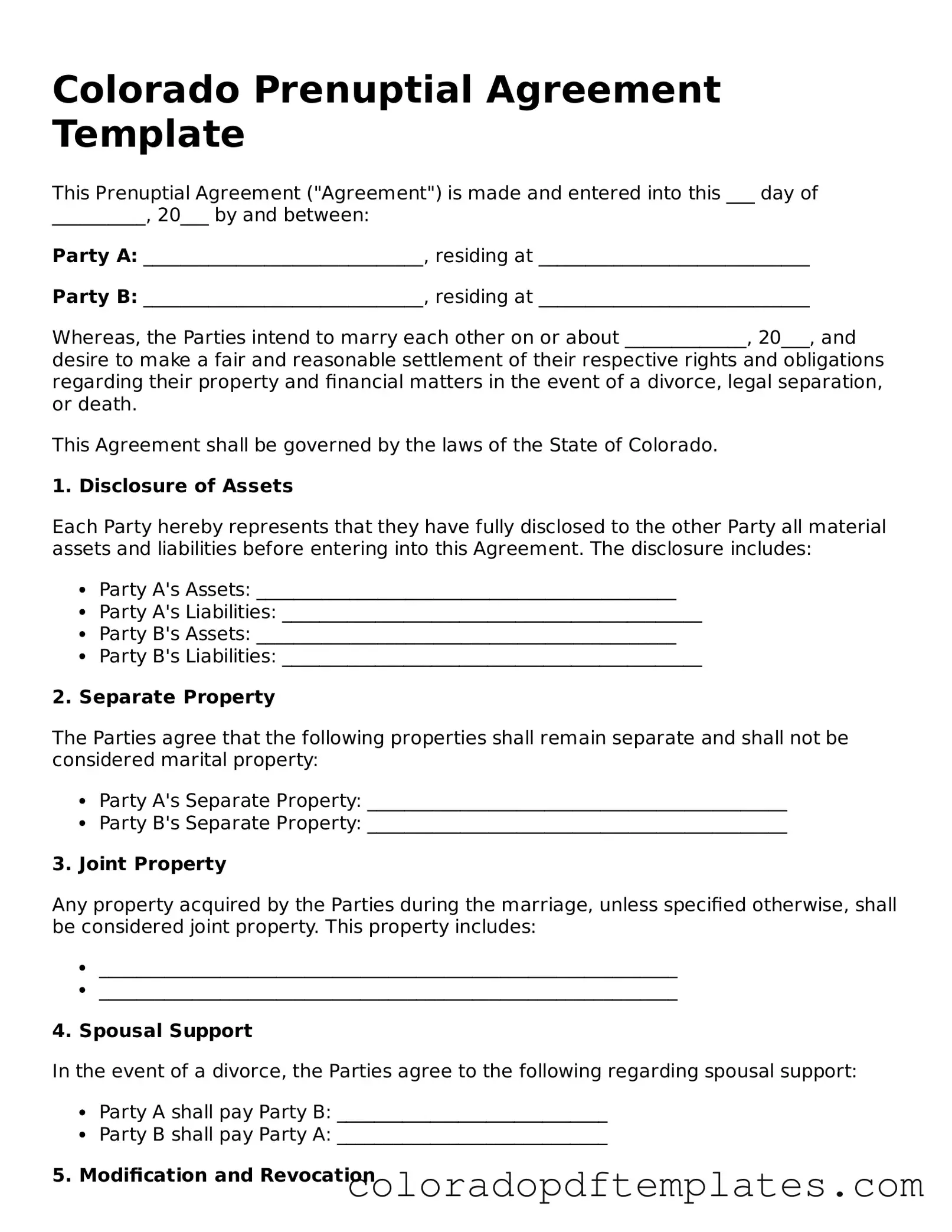 Blank Prenuptial Agreement Template for Colorado State