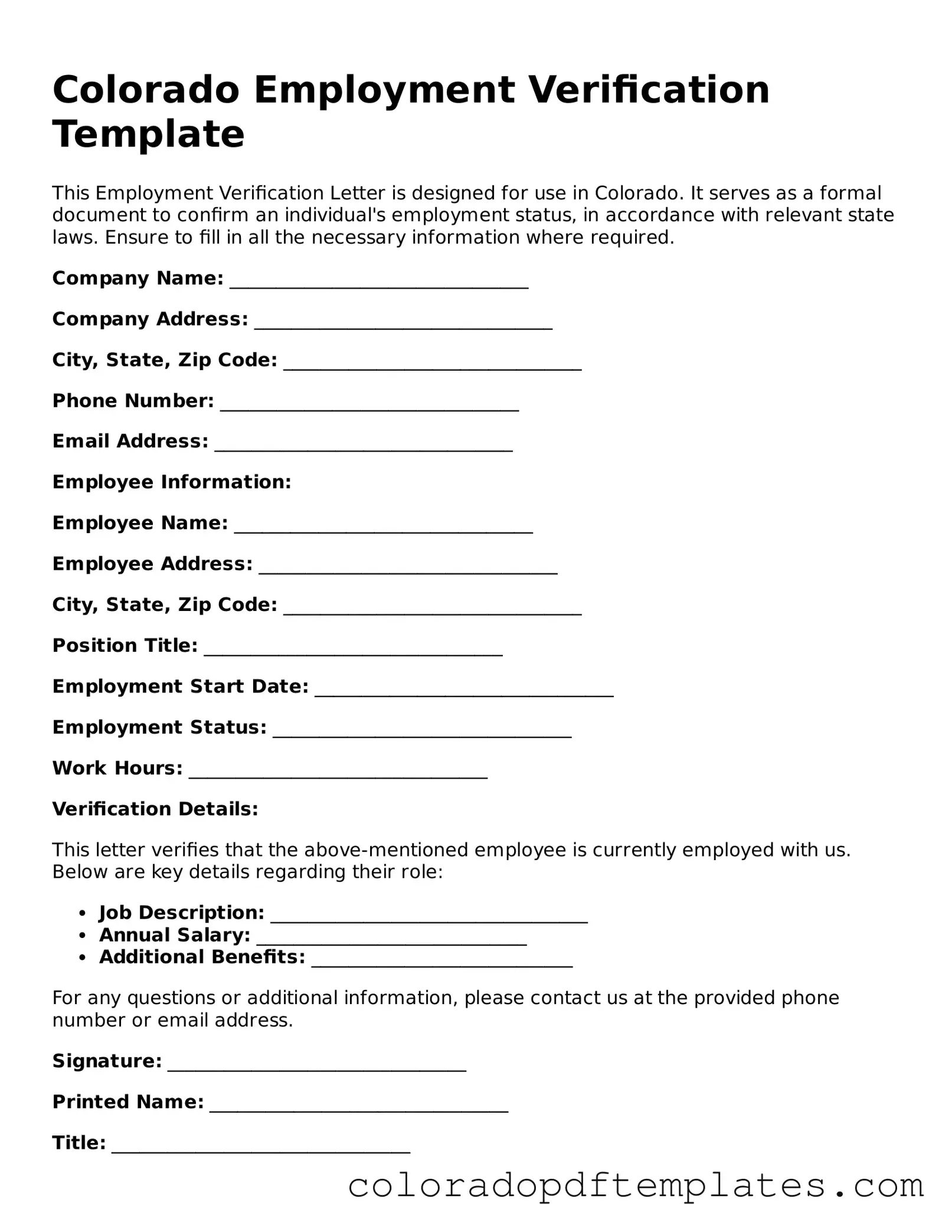 Blank Employment Verification Template for Colorado State