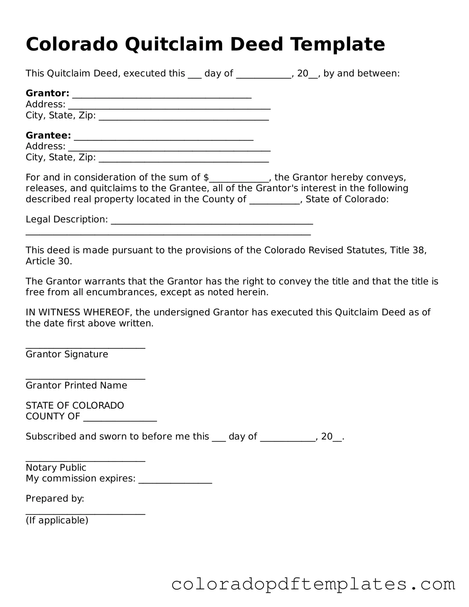 Blank Quitclaim Deed Template for Colorado State