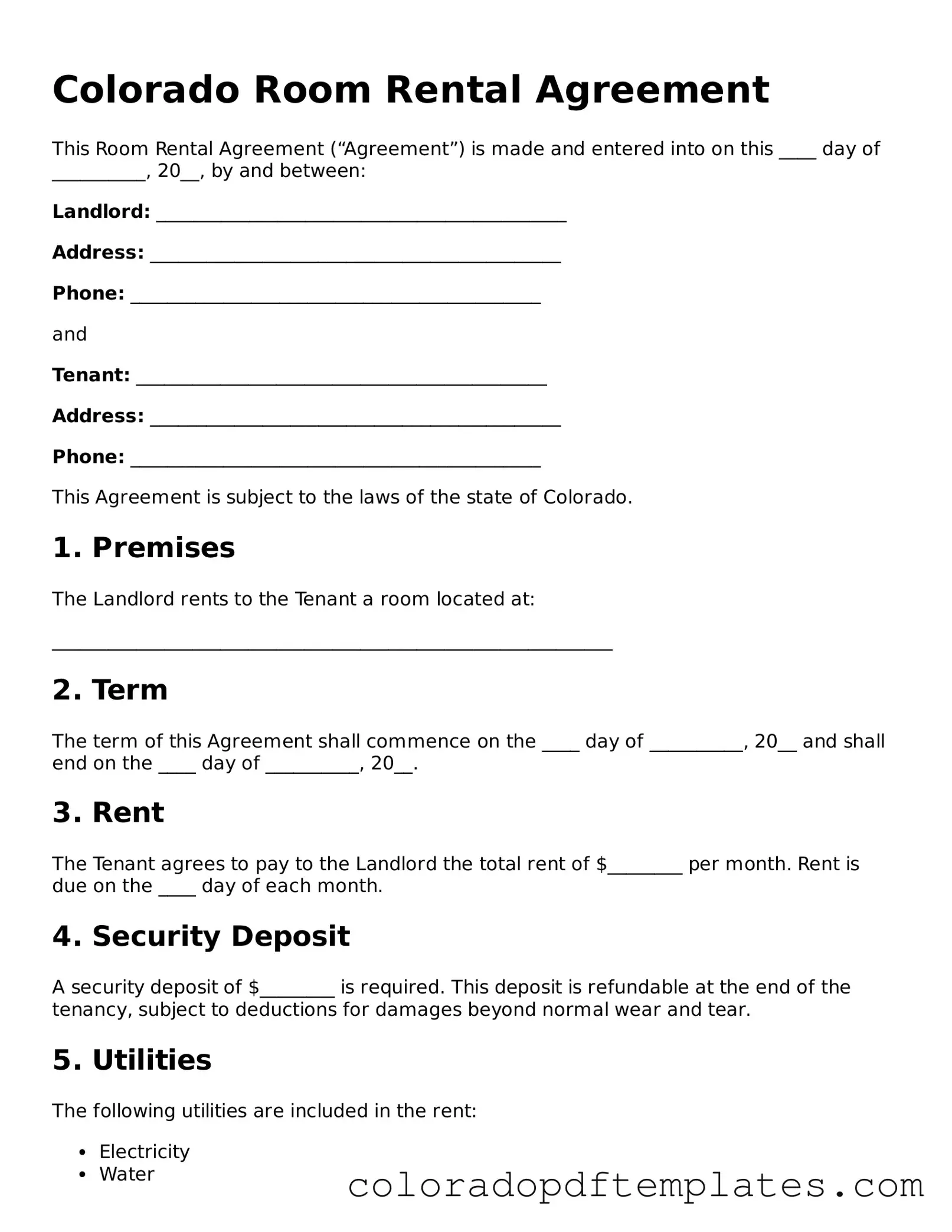 Blank Room Rental Agreement Template for Colorado State
