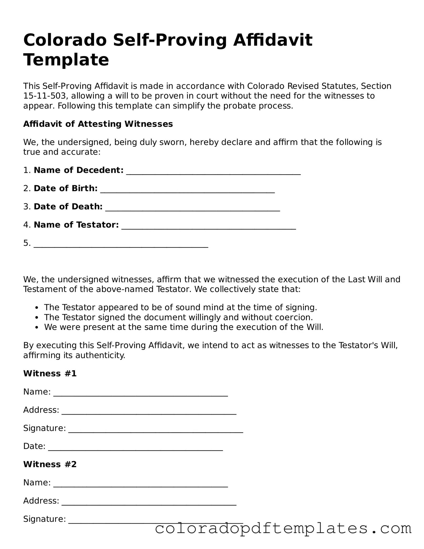 Blank Self-Proving Affidavit Template for Colorado State