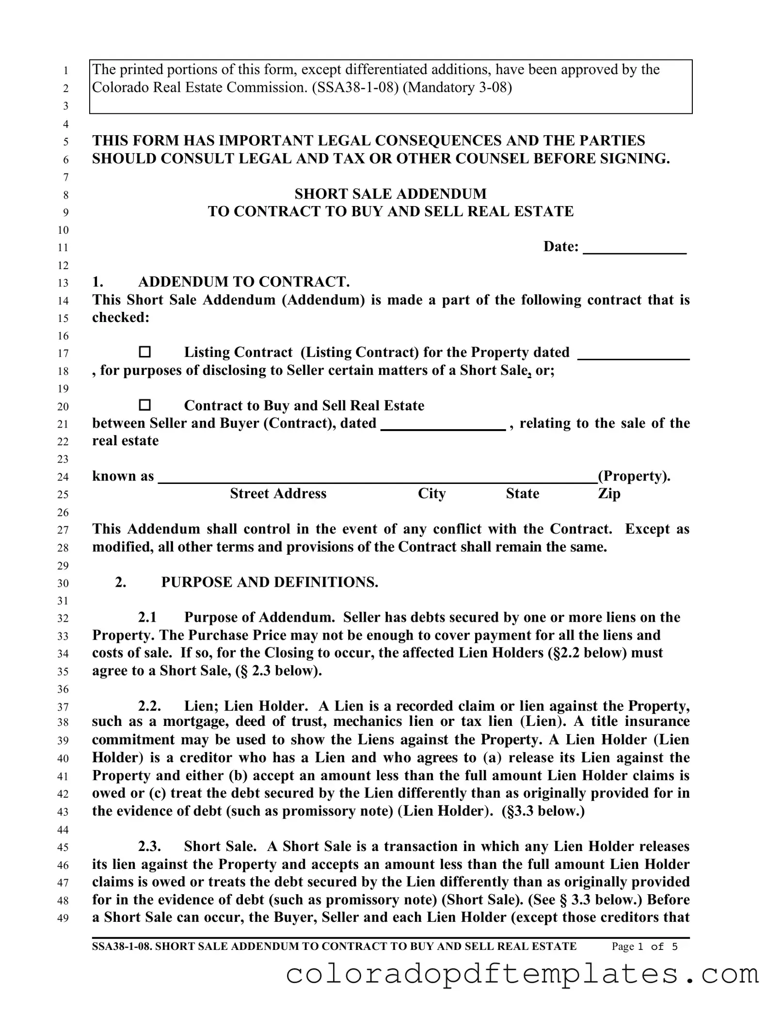 Download Colorado Short Sale Addendum Form in PDF