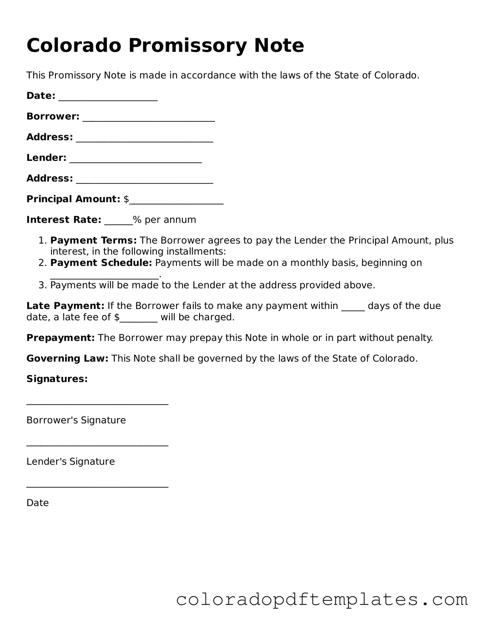 Blank Promissory Note Template for Colorado State