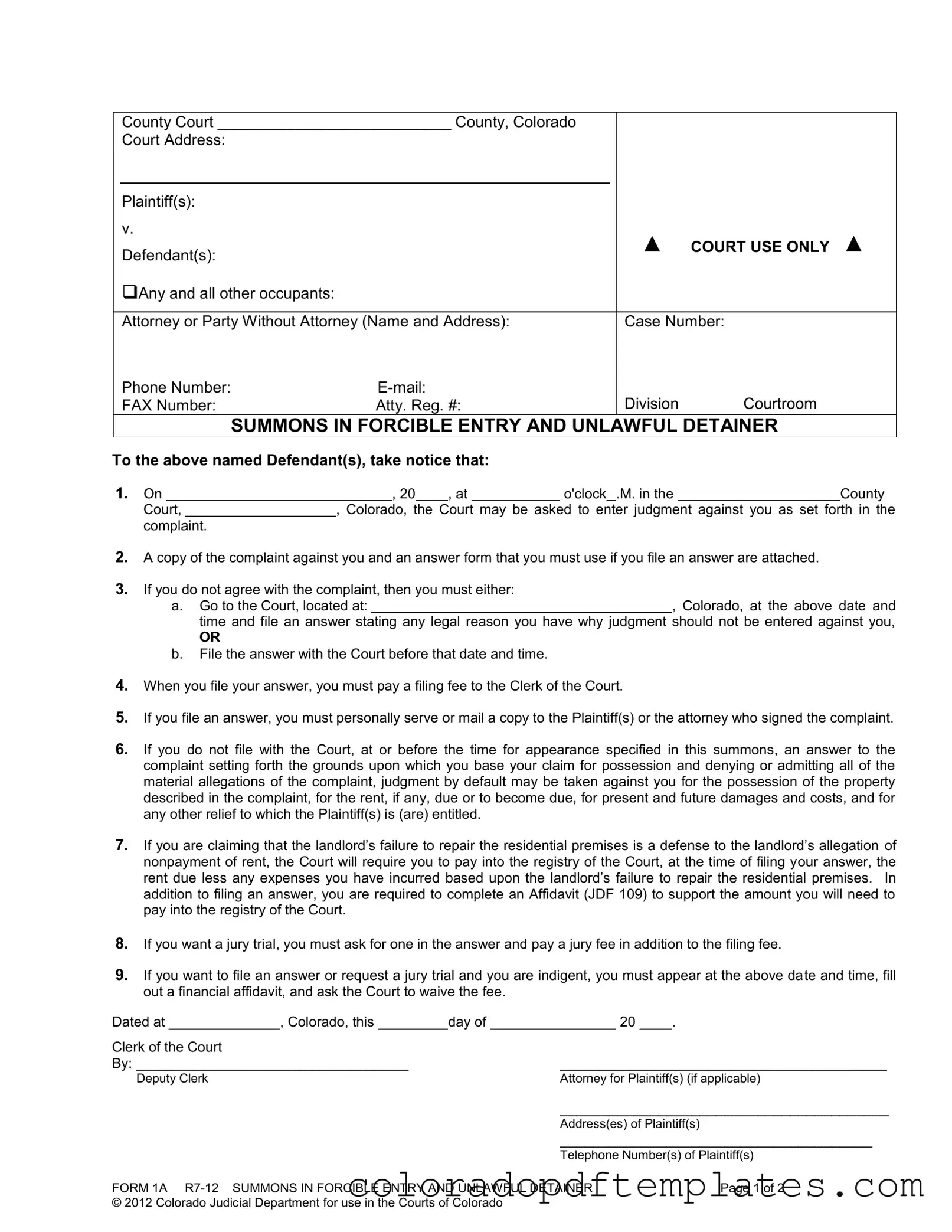 Download Colorado Summons Form in PDF