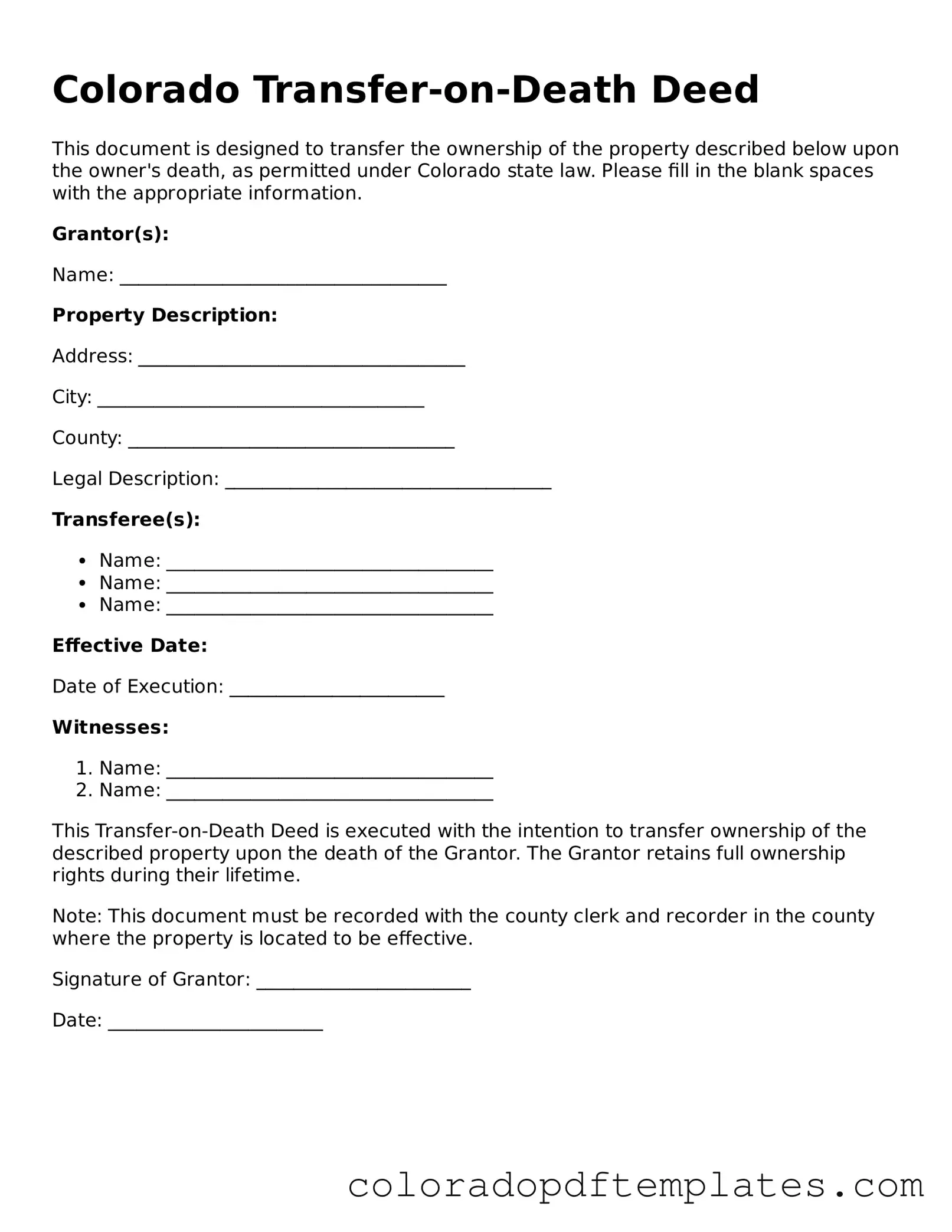 Blank Transfer-on-Death Deed Template for Colorado State