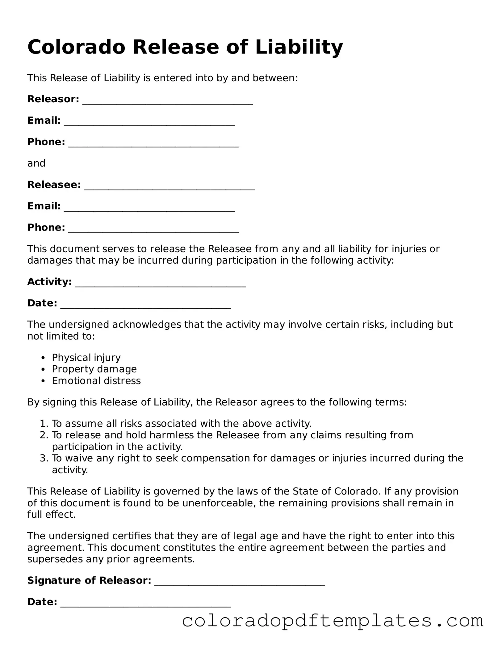 Blank Release of Liability Template for Colorado State