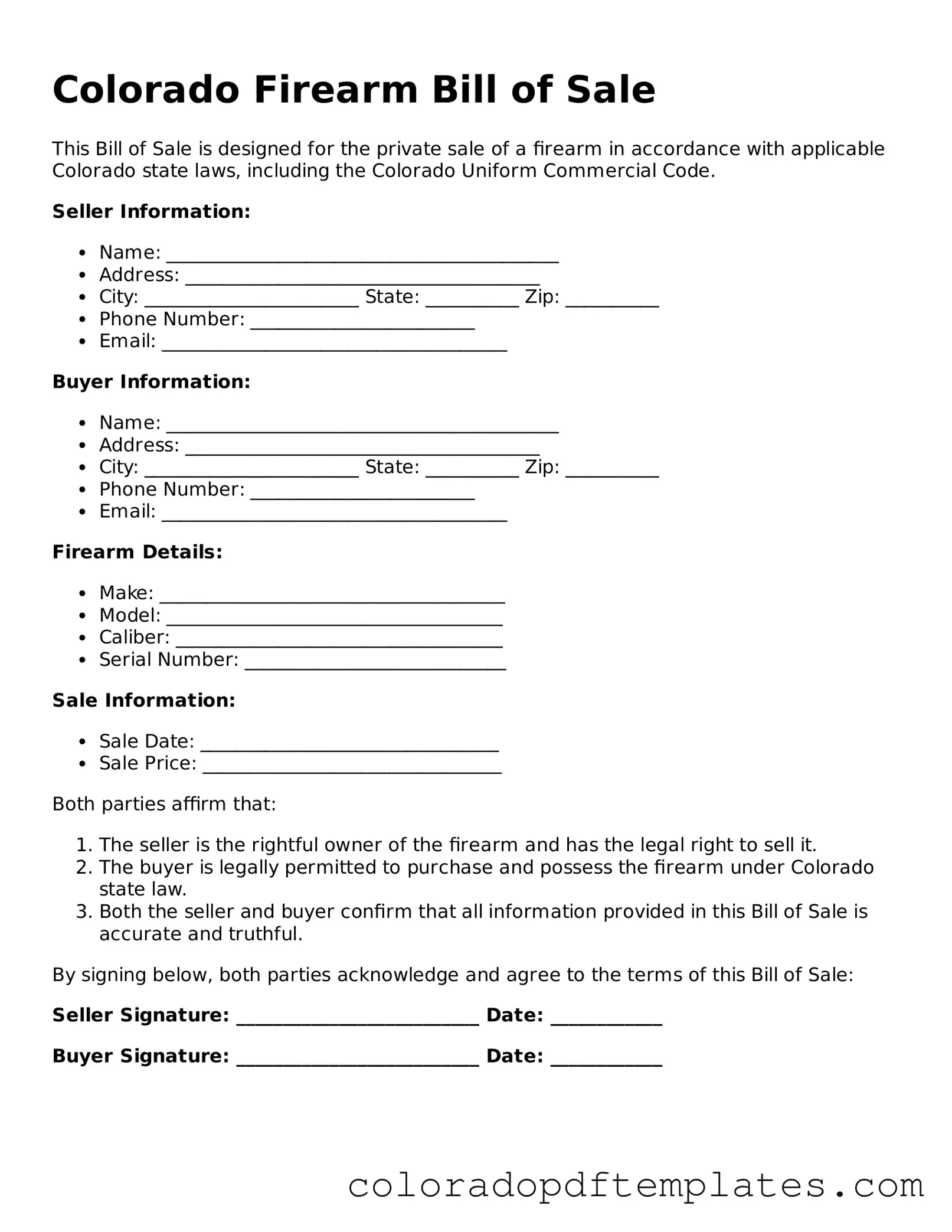 Blank Firearm Bill of Sale Template for Colorado State