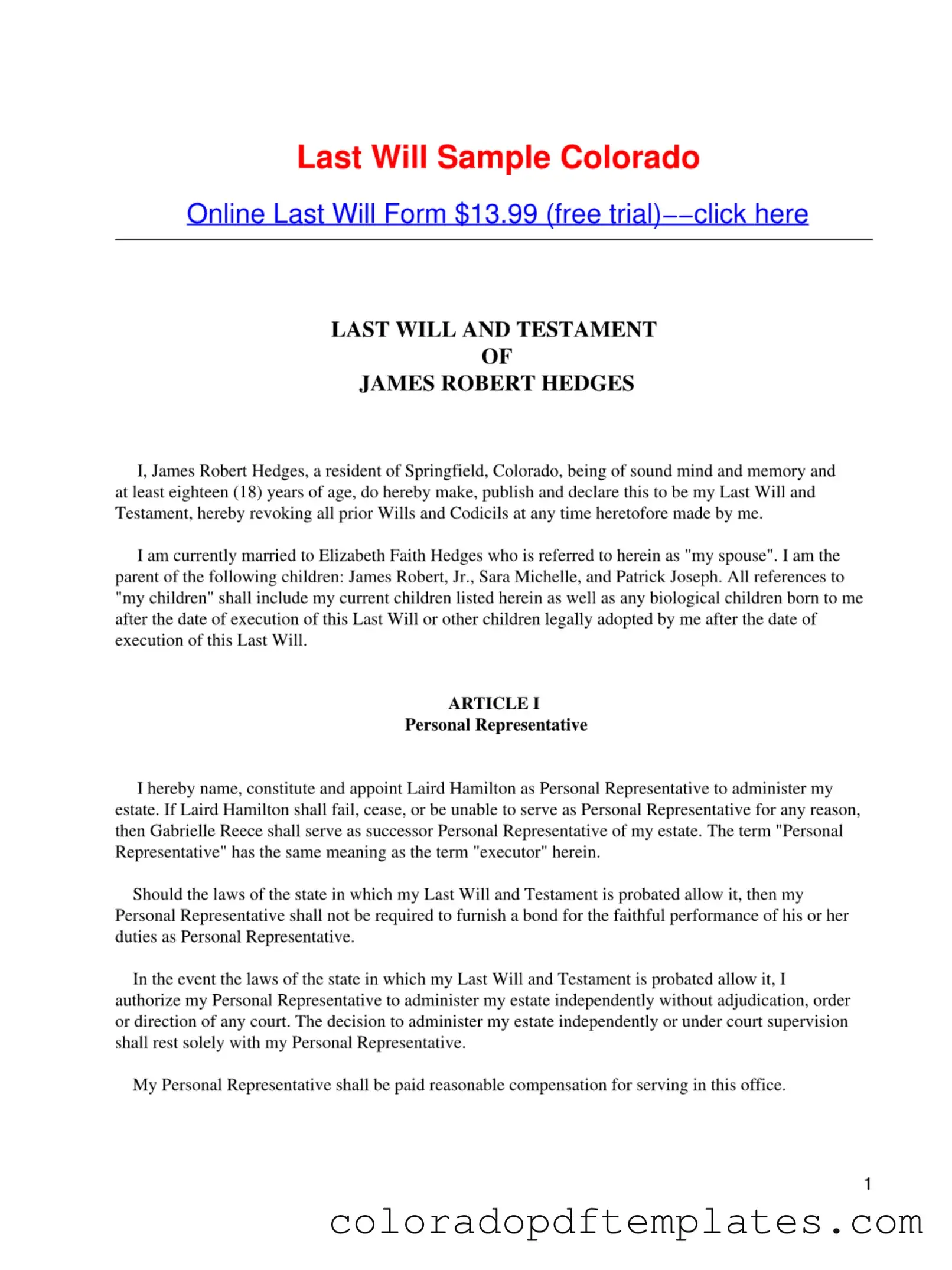 Download Colorado Will Form in PDF