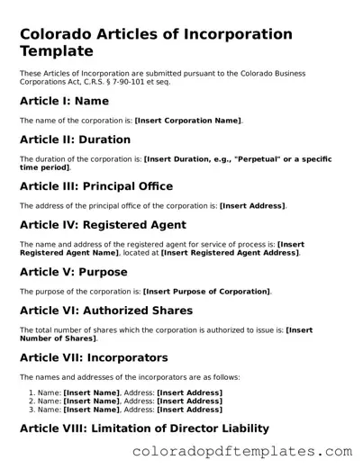 Blank Articles of Incorporation Template for Colorado State