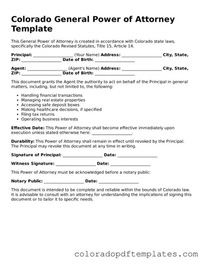 Blank General Power of Attorney Template for Colorado State
