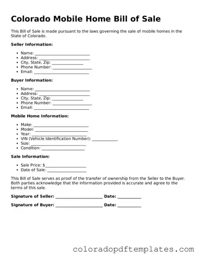 Blank Mobile Home Bill of Sale Template for Colorado State