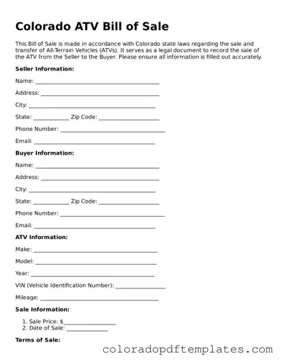 Blank ATV Bill of Sale Template for Colorado State
