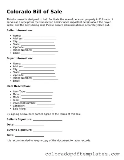 Blank Bill of Sale Template for Colorado State
