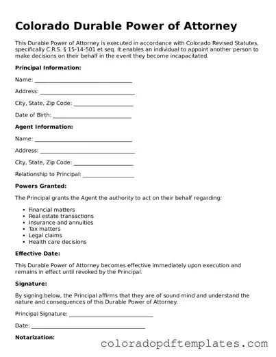 Blank Durable Power of Attorney Template for Colorado State