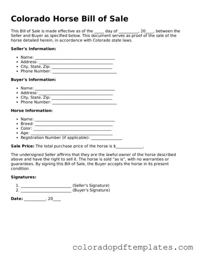 Blank Horse Bill of Sale Template for Colorado State