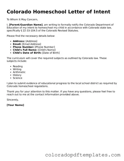 Blank Homeschool Letter of Intent Template for Colorado State