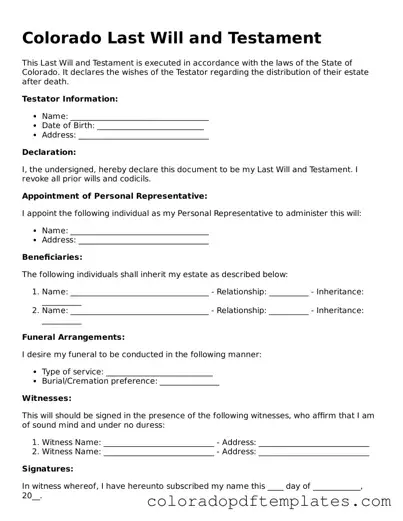 Blank Last Will and Testament Template for Colorado State